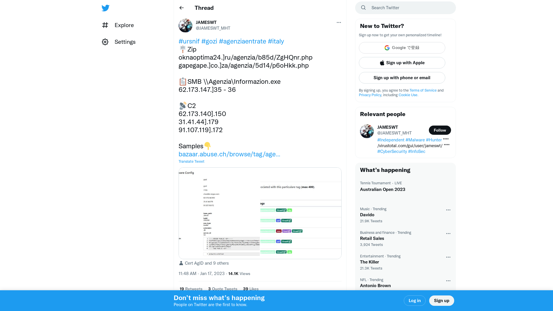 JAMESWT on Twitter: "#ursnif #gozi #agenziaentrate #italy 🪧Zip oknaoptima24.]ru/agenzia/b85d/ZgHQnr.php gapegape.]co.]za/agenzia/5d14/p6oHkk.php 📋SMB \\Agenzia\Informazion.exe 62.173.147.]35 - 36 📡C2 62.173.140].150 31.41.44].179 91.107.119].172 Samples👇 https://t.co/kADezqnWmA https://t.co/sxDkVoxfAw" / Twitter
