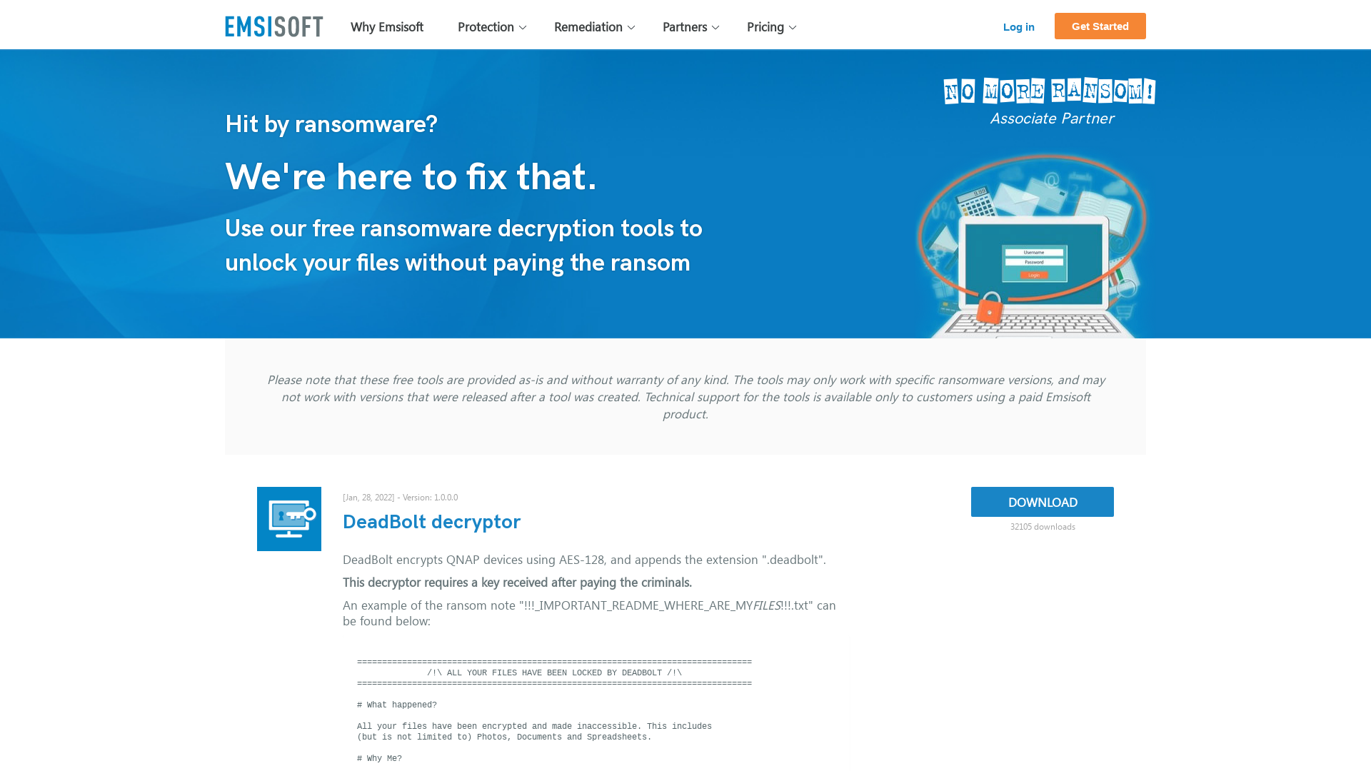DeadBolt decryptor - Emsisoft: Free Ransomware Decryption Tools