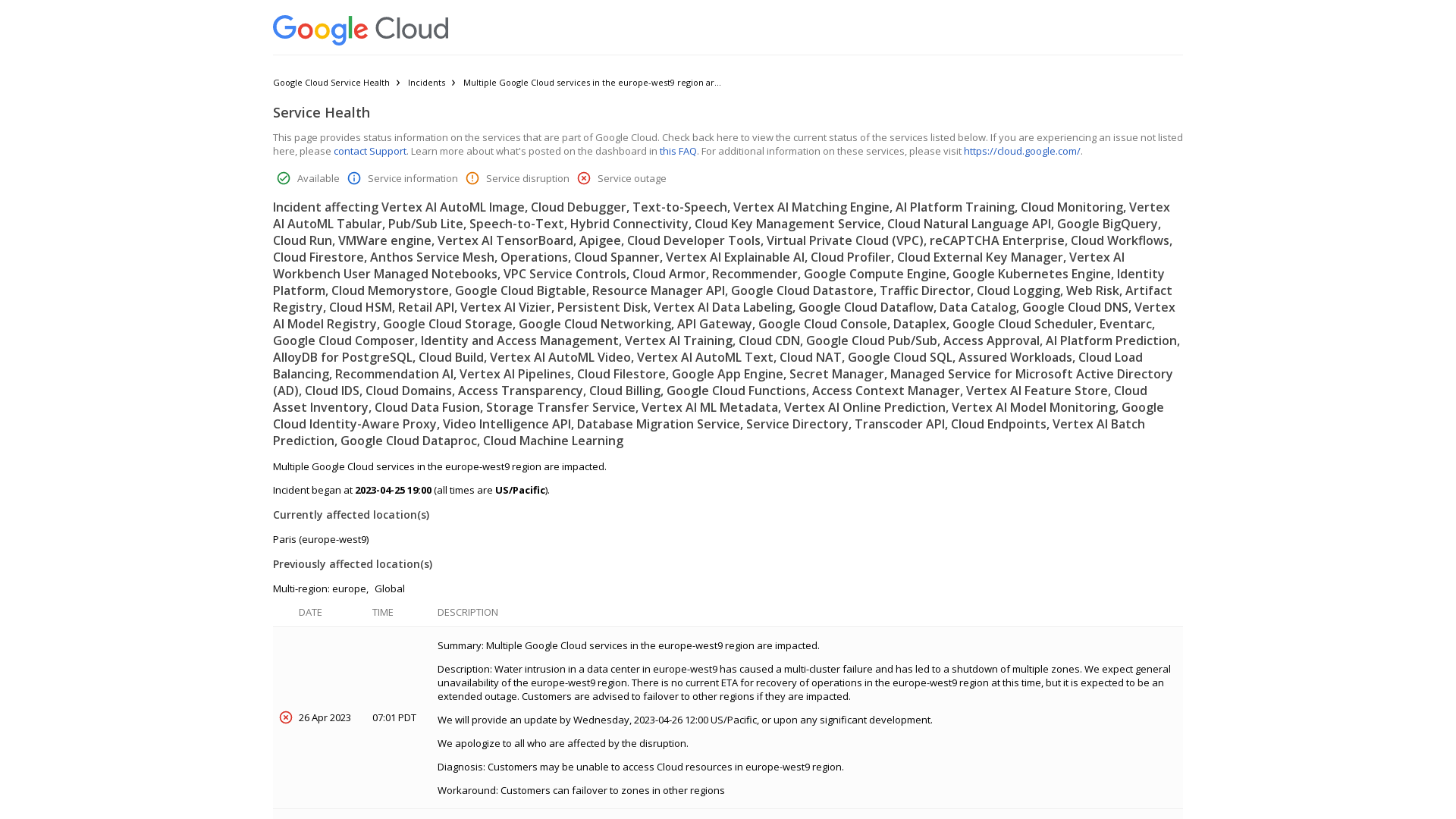 Google Cloud Service Health