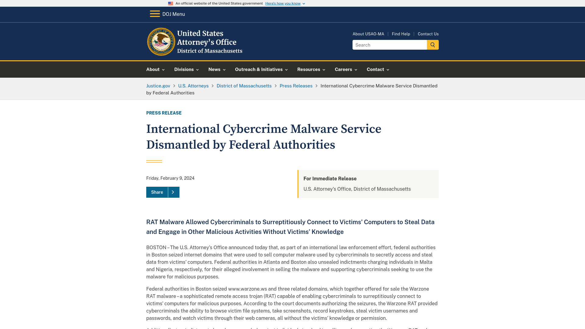 District of Massachusetts | International Cybercrime Malware Service Dismantled by Federal Authorities | United States Department of Justice