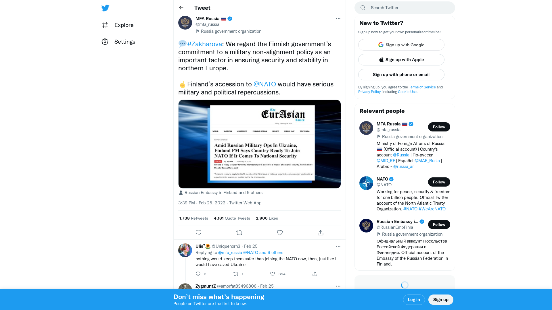MFA Russia 🇷🇺 on Twitter: "💬#Zakharova: We regard the Finnish government’s commitment to a military non-alignment policy as an important factor in ensuring security and stability in northern Europe. ☝️Finland’s accession to @NATO would have serious military and political repercussions. https://t.co/eCY5oG23rL" / Twitter