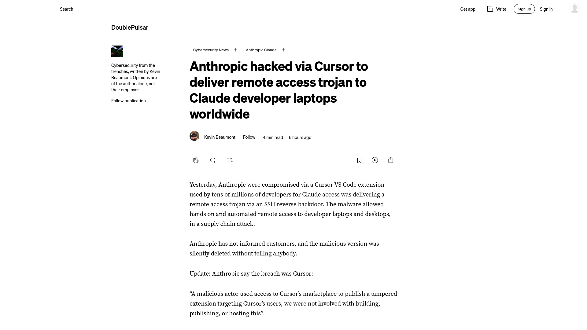 Anthropic hacked via Cursor to deliver remote access trojan to Claude developer laptops worldwide | by Kevin Beaumont | Oct, 2026 | DoublePulsar