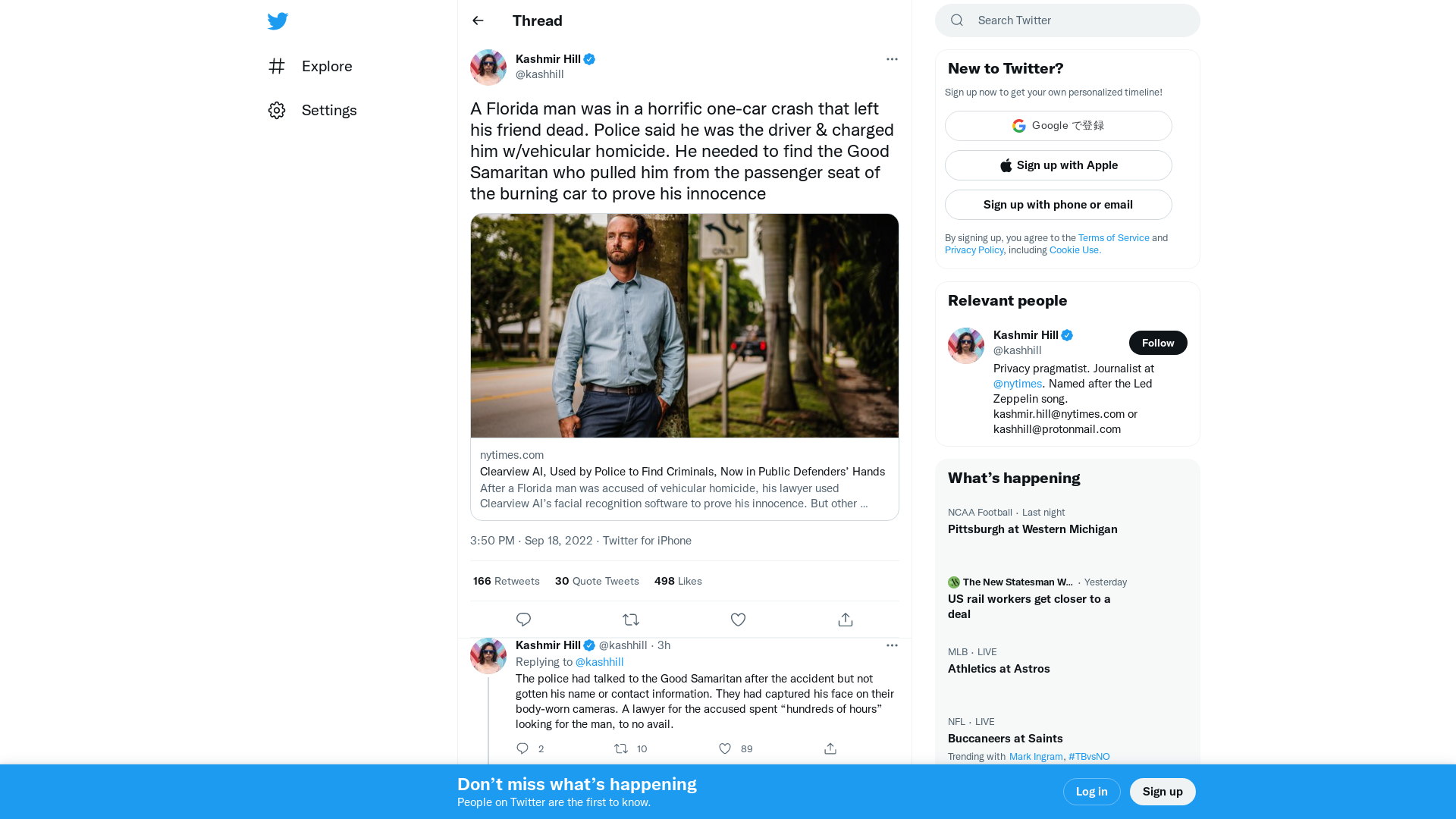 Kashmir Hill on Twitter: "A Florida man was in a horrific one-car crash that left his friend dead. Police said he was the driver &amp; charged him w/vehicular homicide. He needed to find the Good Samaritan who pulled him from the passenger seat of the burning car to prove his innocence https://t.co/tQ7QTvj2Zm" / Twitter