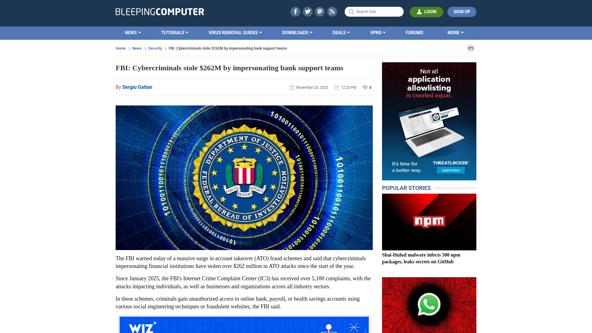 FBI: Cybercriminals stole $262M by impersonating bank support teams