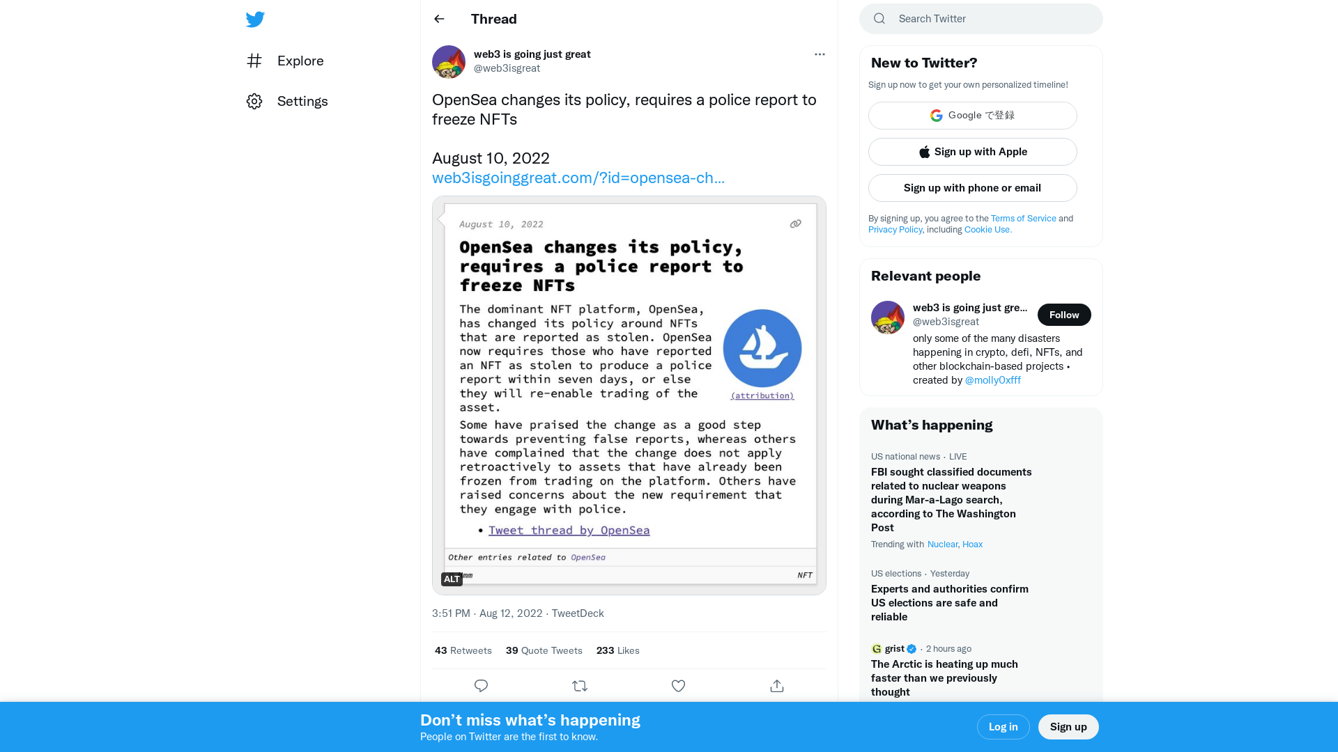 web3 is going just great on Twitter: "OpenSea changes its policy, requires a police report to freeze NFTs August 10, 2022 https://t.co/2N6Vm1G4DX https://t.co/LW9y8C5gsj" / Twitter