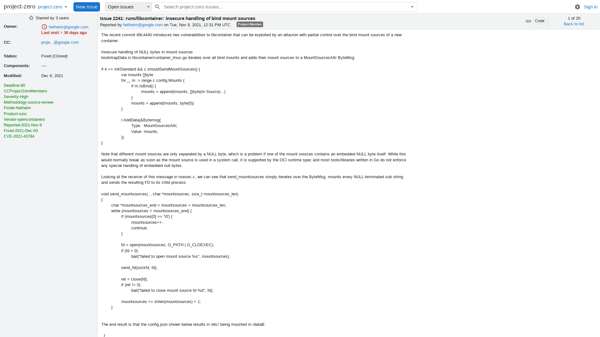 2241 - runc/libcontainer: insecure handling of bind mount sources - project-zero