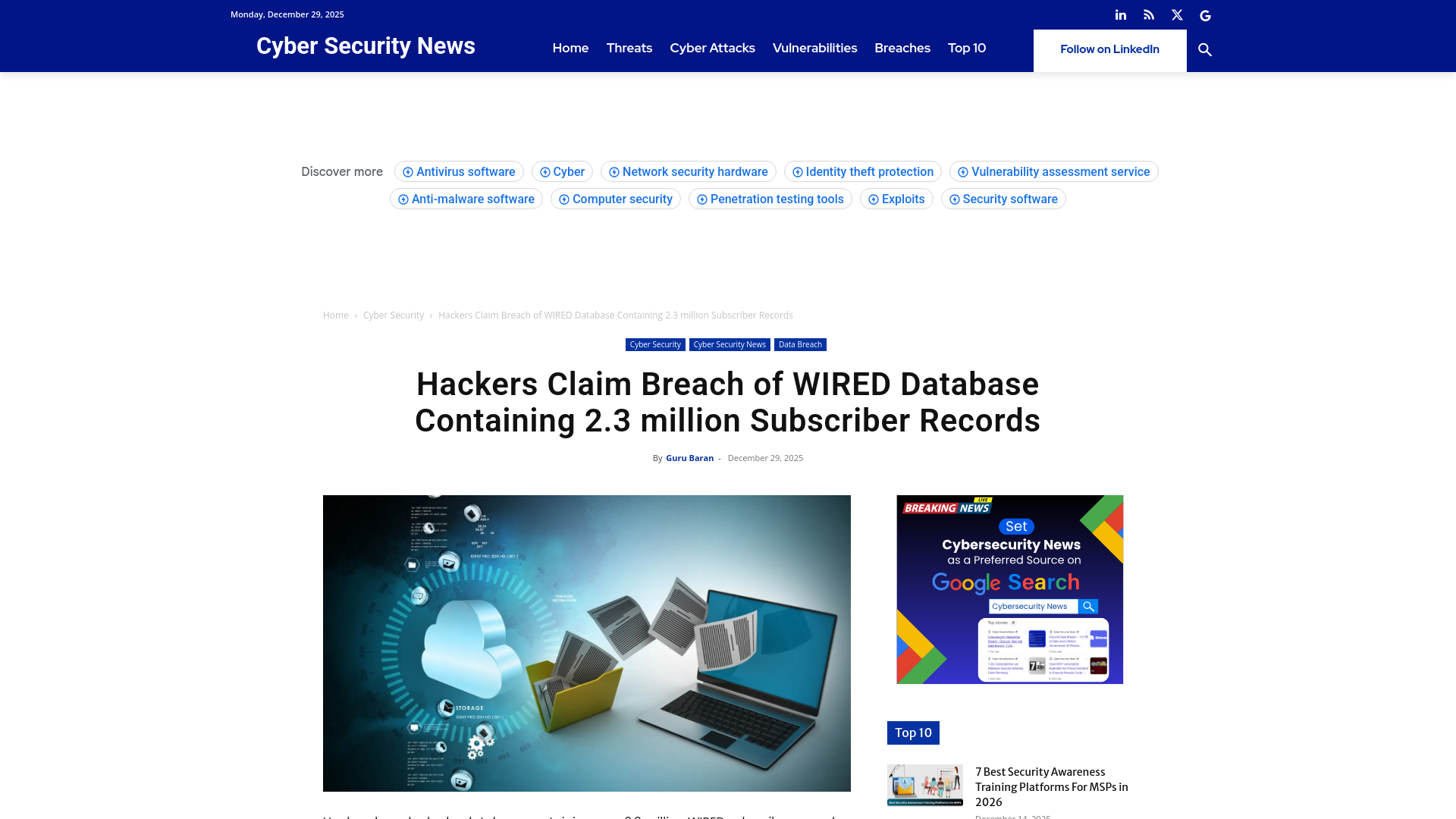 Hackers Claim Breach of WIRED Database Containing 2.3 million Subscriber Records