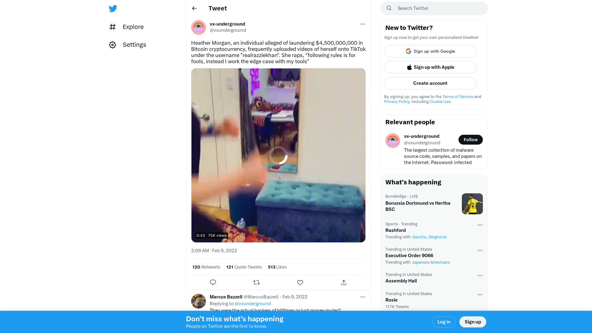 vx-underground on Twitter: "Heather Morgan, an individual alleged of laundering $4,500,000,000 in Bitcoin cryptocurrency, frequently uploaded videos of herself onto TikTok under the username "realrazzlekhan". She raps, "following rules is for fools, instead I work the edge case with my tools" https://t.co/bHbsf9QPGf" / Twitter
