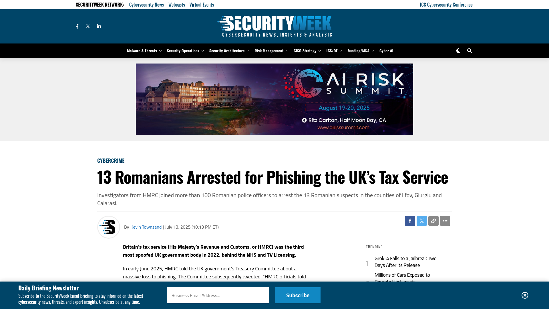 13 Romanians Arrested for Phishing the UK’s Tax Service - SecurityWeek