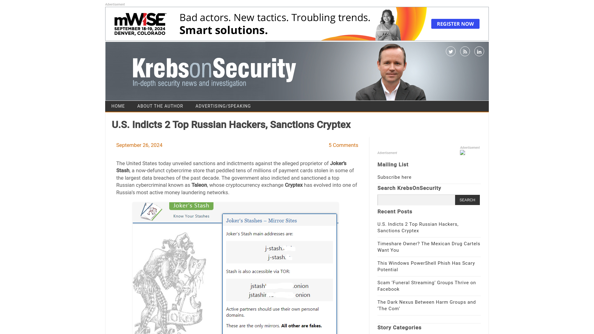 U.S. Indicts 2 Top Russian Hackers, Sanctions Cryptex – Krebs on Security