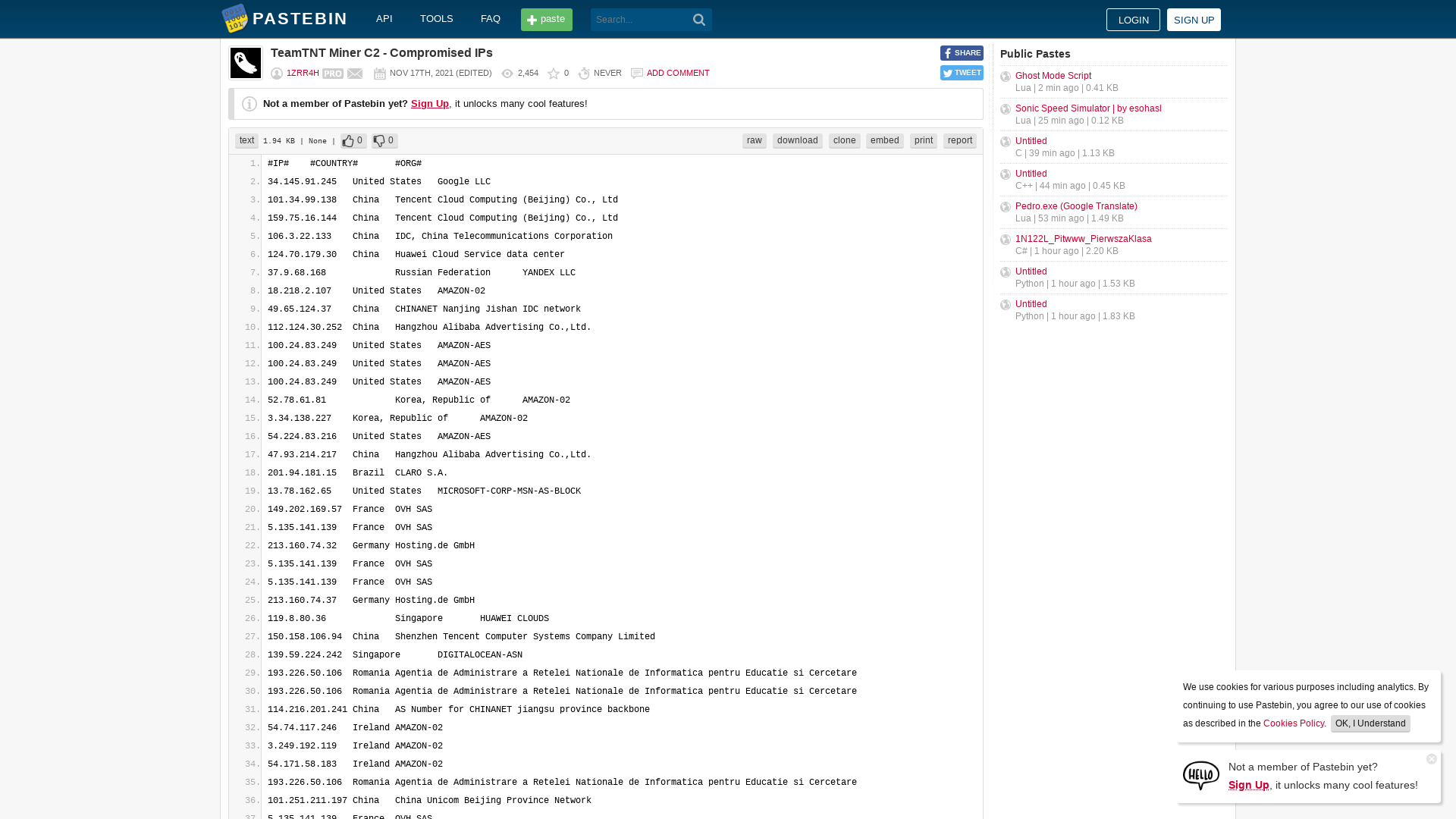 TeamTNT Miner C2 - Compromised IPs - Pastebin.com