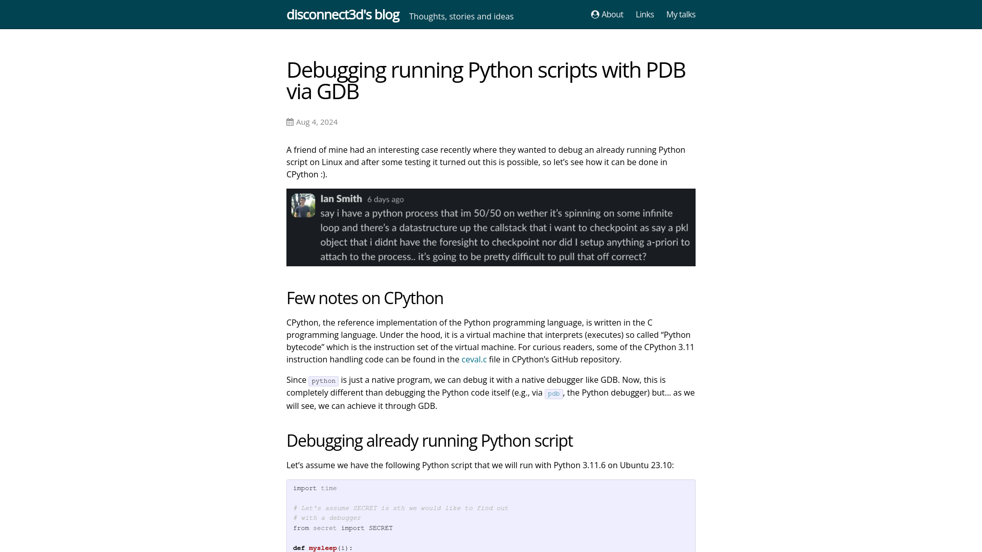 Debugging running Python scripts with PDB via GDB