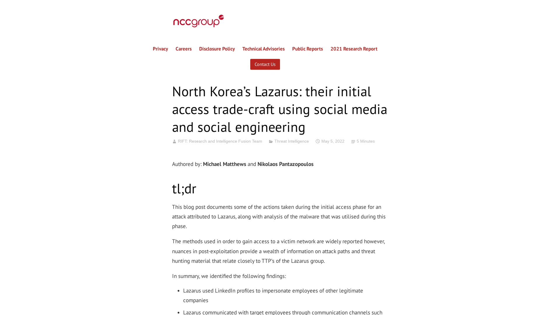 North Korea’s Lazarus: their initial access trade-craft using social media and social engineering – NCC Group Research
