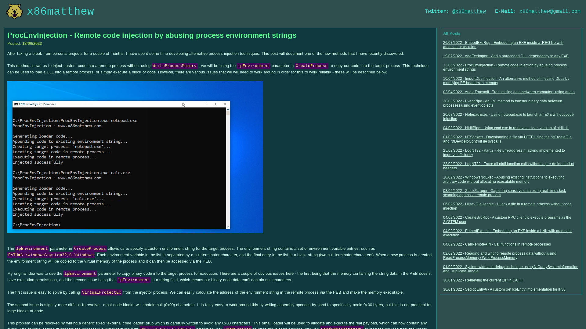 x86matthew - ProcEnvInjection - Remote code injection by abusing process environment strings