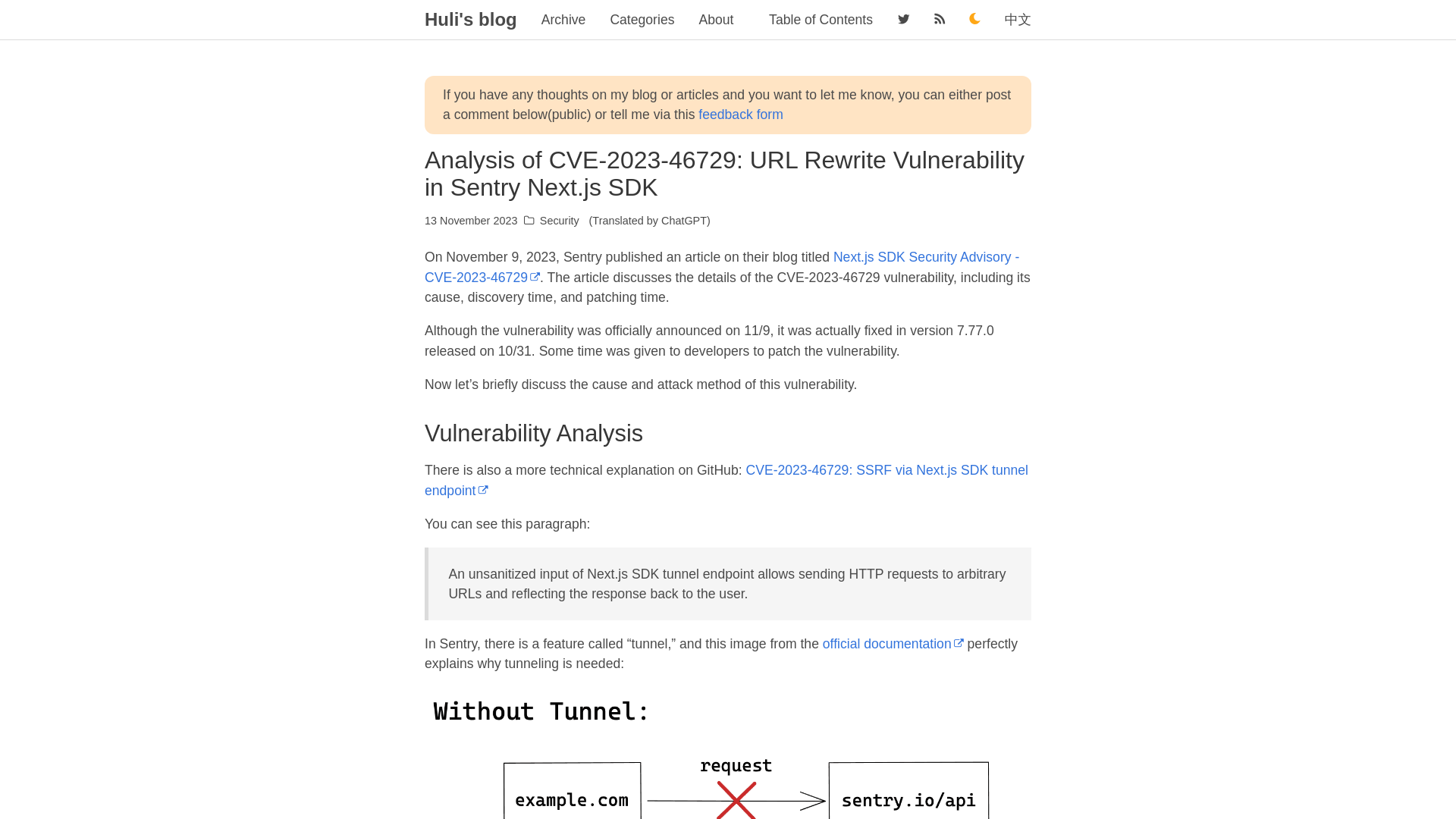 Analysis of CVE-2023-46729: URL Rewrite Vulnerability in Sentry Next.js SDK - Huli's blog