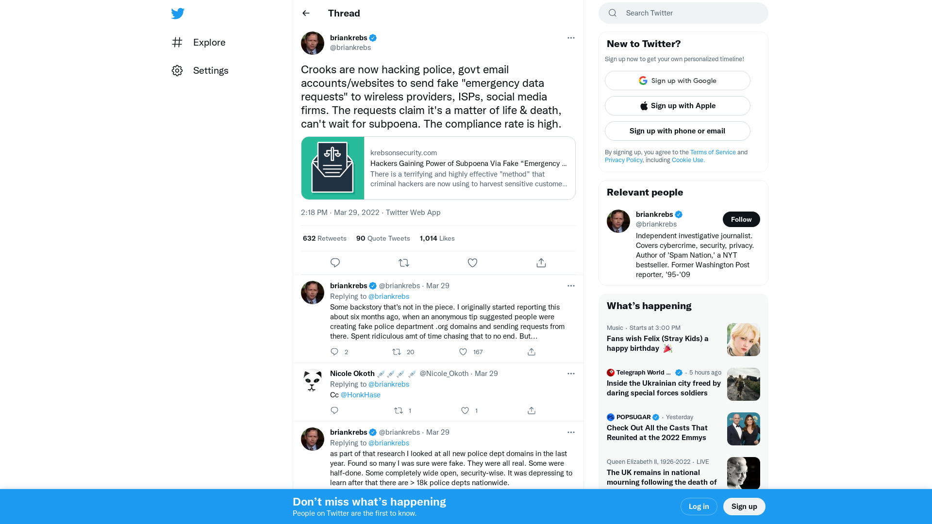 briankrebs on Twitter: "Crooks are now hacking police, govt email accounts/websites to send fake "emergency data requests" to wireless providers, ISPs, social media firms. The requests claim it's a matter of life &amp; death, can't wait for subpoena. The compliance rate is high. https://t.co/34KMeFtAAa" / Twitter