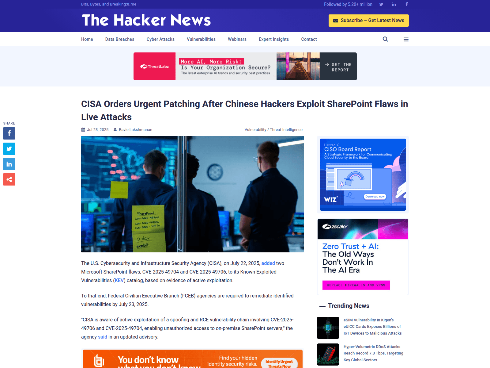 CISA Orders Urgent Patching After Chinese Hackers Exploit SharePoint Flaws in Live Attacks