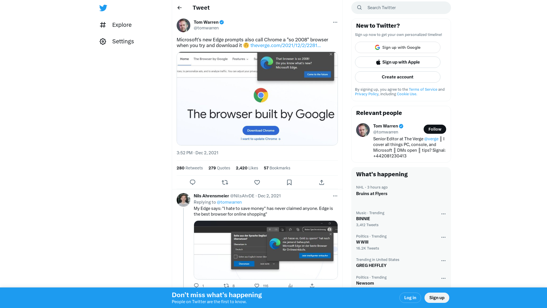 Tom Warren on Twitter: "Microsoft's new Edge prompts also call Chrome a "so 2008" browser when you try and download it 🙃 https://t.co/EacZ76To8Q https://t.co/qd2TsDpgUp" / Twitter