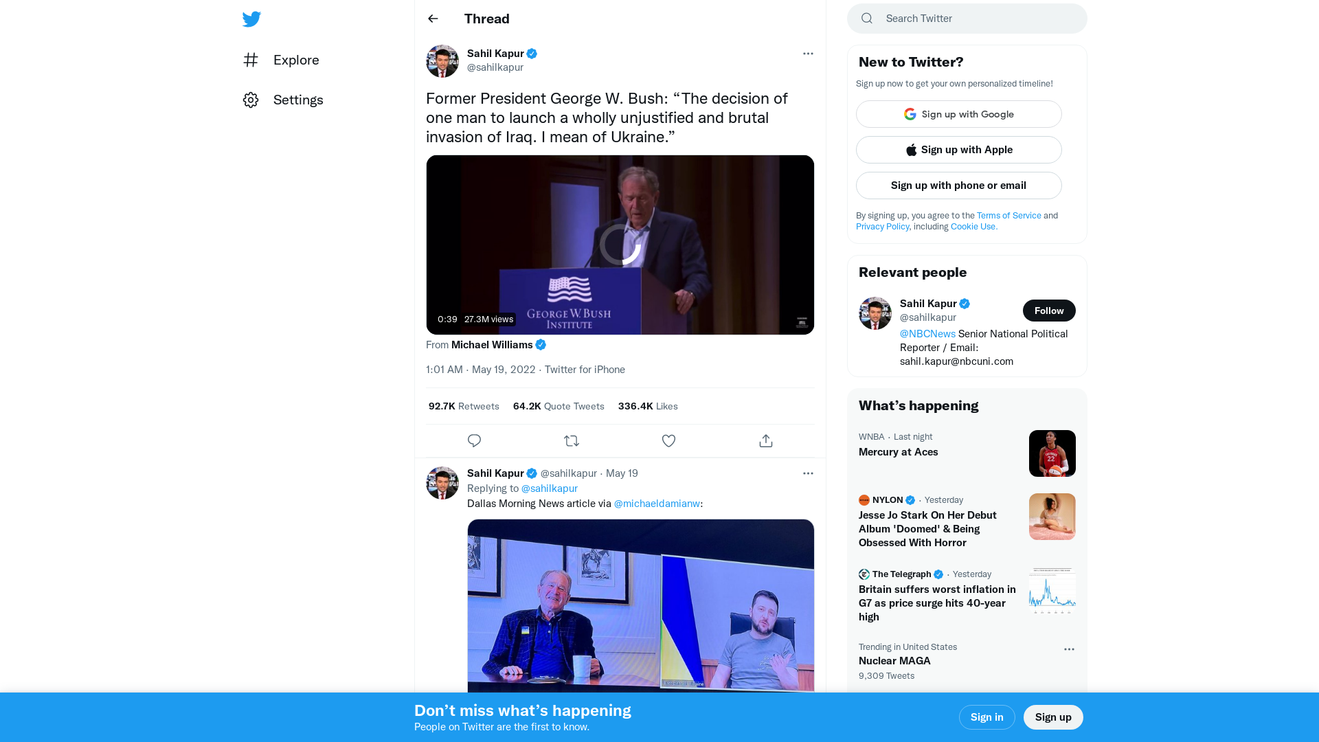 Sahil Kapur on Twitter: "Former President George W. Bush: “The decision of one man to launch a wholly unjustified and brutal invasion of Iraq. I mean of Ukraine.” https://t.co/UMwNMwMnmX" / Twitter