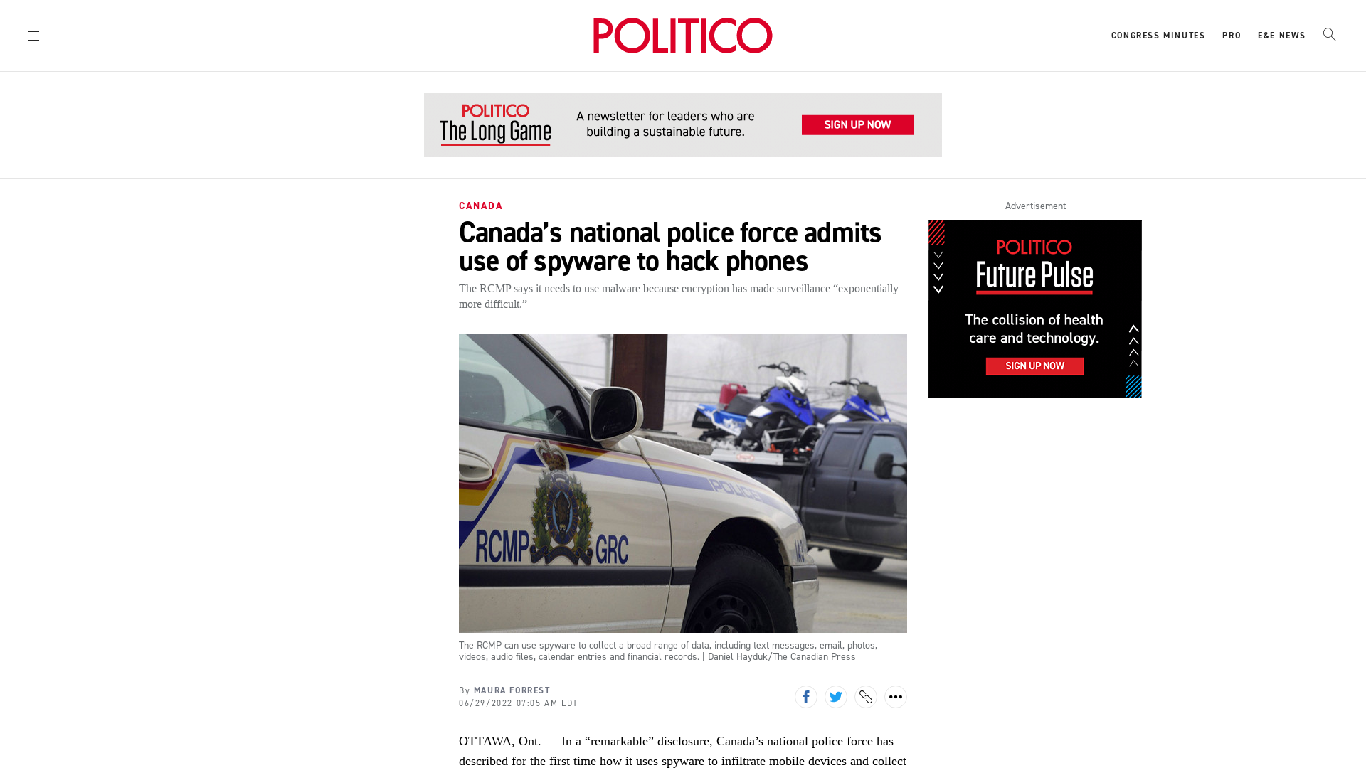 Canada’s national police force admits use of spyware to hack phones - POLITICO