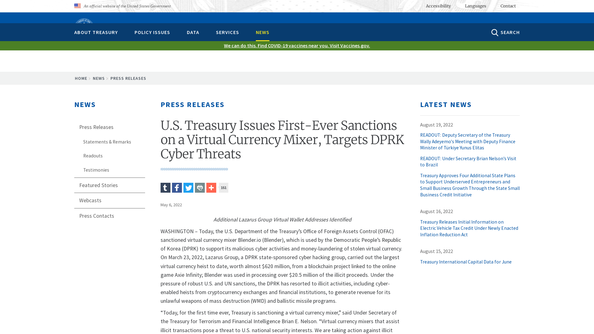 U.S. Treasury Issues First-Ever Sanctions on a Virtual Currency Mixer, Targets DPRK Cyber Threats | U.S. Department of the Treasury