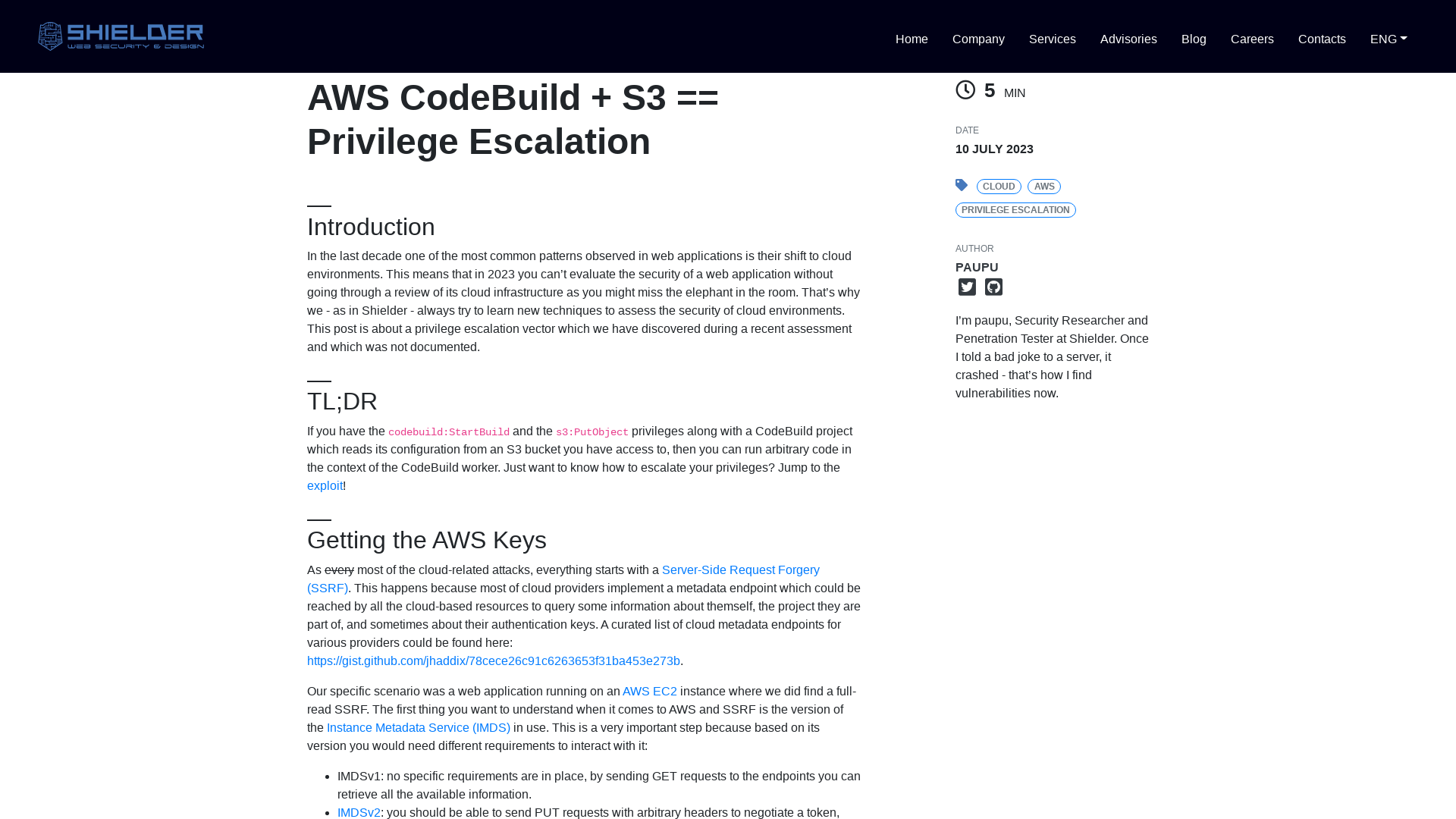 Shielder - AWS CodeBuild + S3 == Privilege Escalation