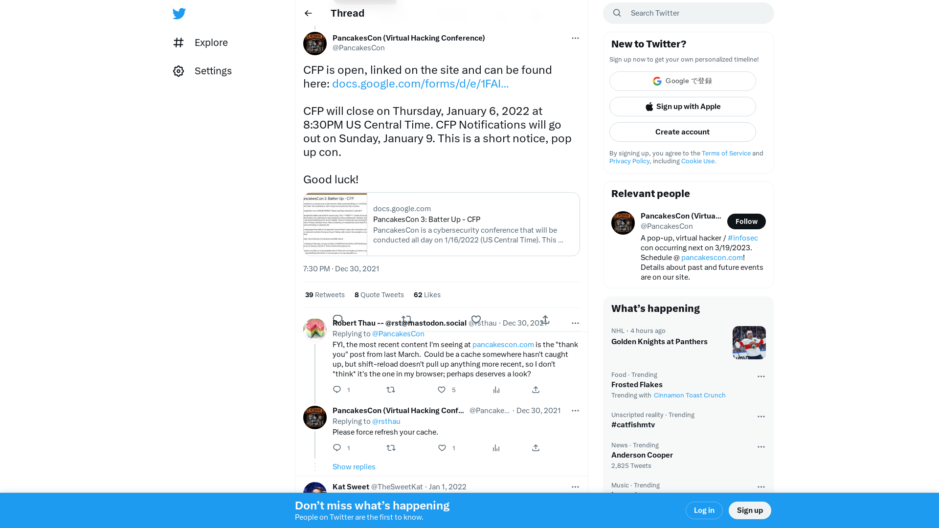 PancakesCon (Virtual Hacking Conference) on Twitter: "CFP is open, linked on the site and can be found here: https://t.co/tZzZS1ddMS CFP will close on Thursday, January 6, 2022 at 8:30PM US Central Time. CFP Notifications will go out on Sunday, January 9. This is a short notice, pop up con. Good luck!" / Twitter