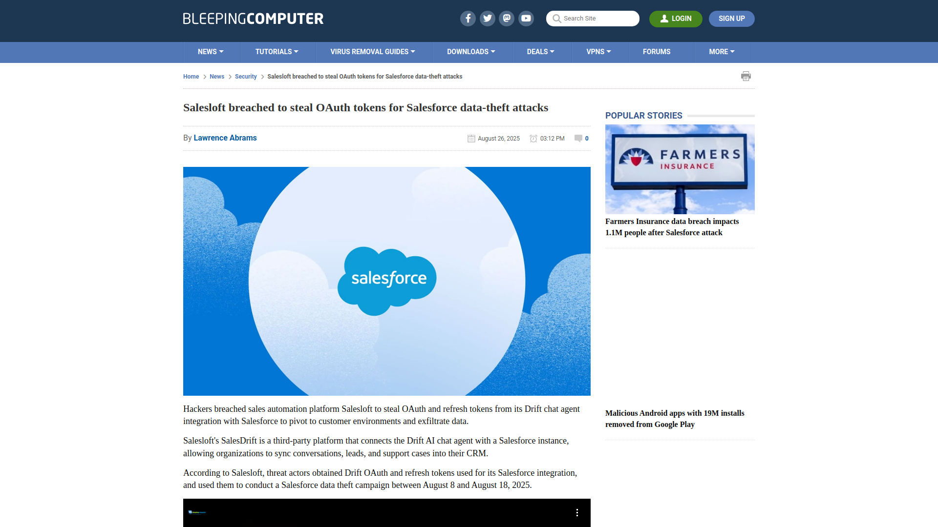 Salesloft breached to steal OAuth tokens for Salesforce data-theft attacks