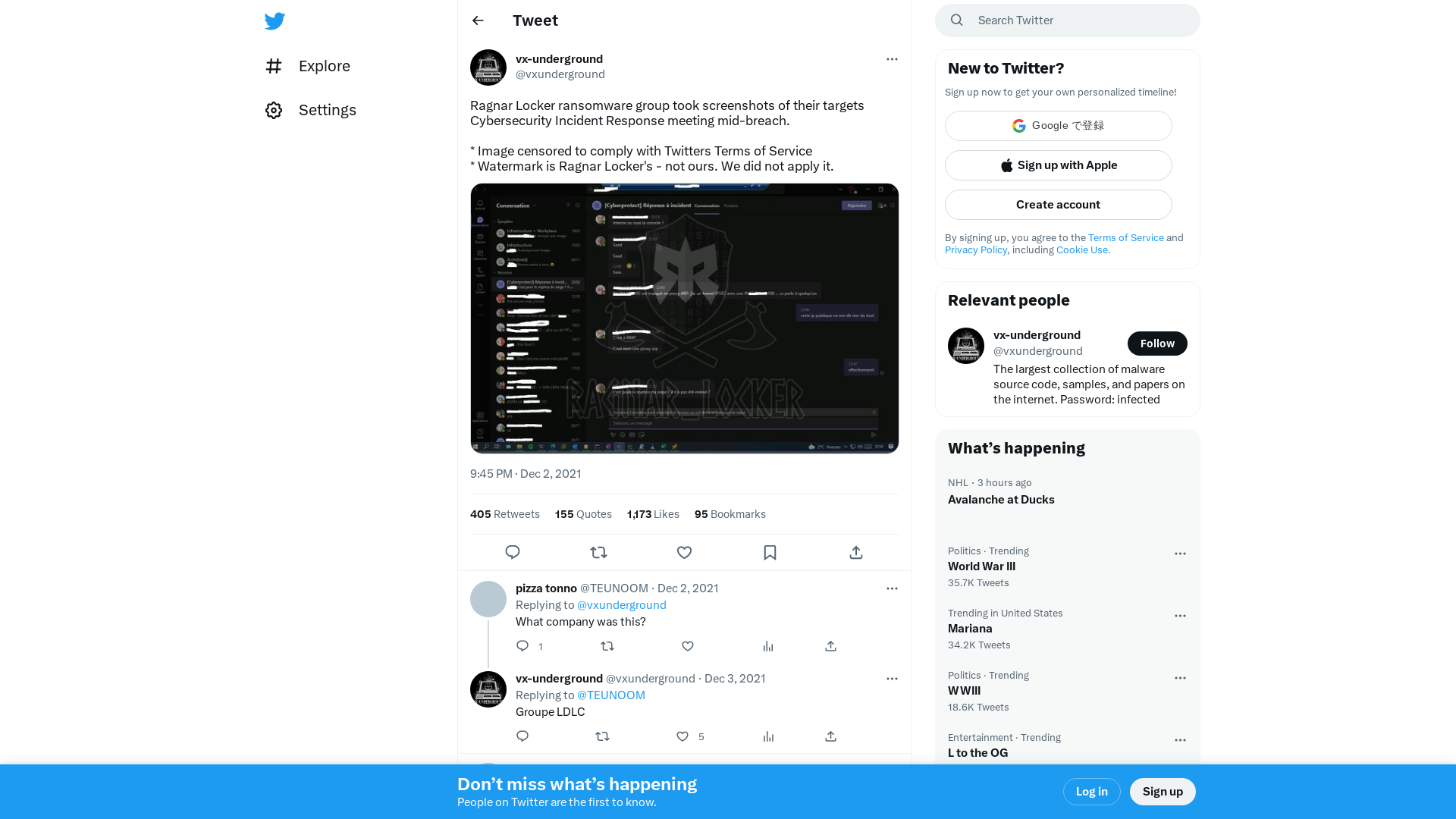 vx-underground on Twitter: "Ragnar Locker ransomware group took screenshots of their targets Cybersecurity Incident Response meeting mid-breach. * Image censored to comply with Twitters Terms of Service * Watermark is Ragnar Locker's - not ours. We did not apply it. https://t.co/1I9ik7LFdf" / Twitter