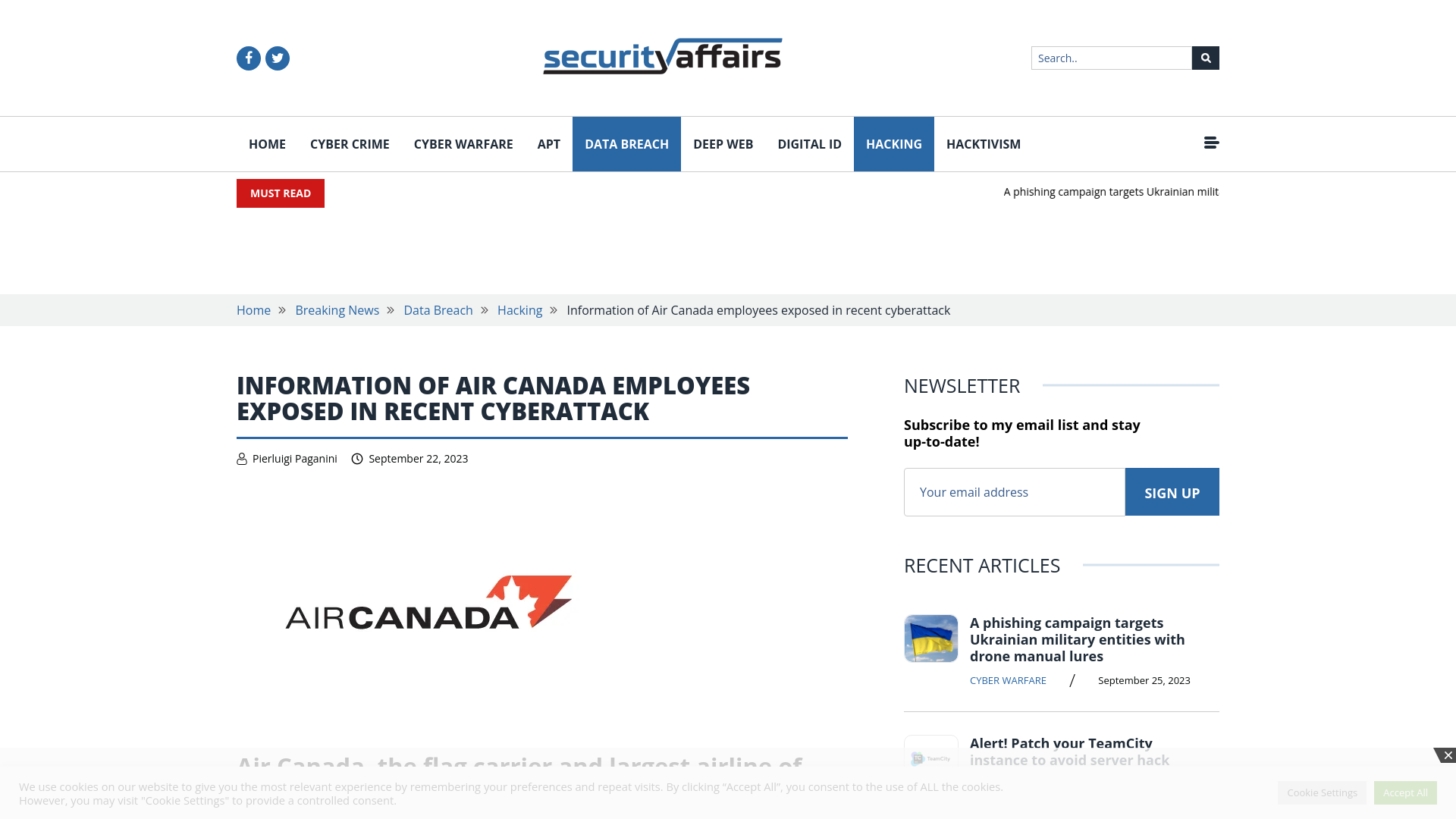 Information of Air Canada employees exposed in recent cyberattack