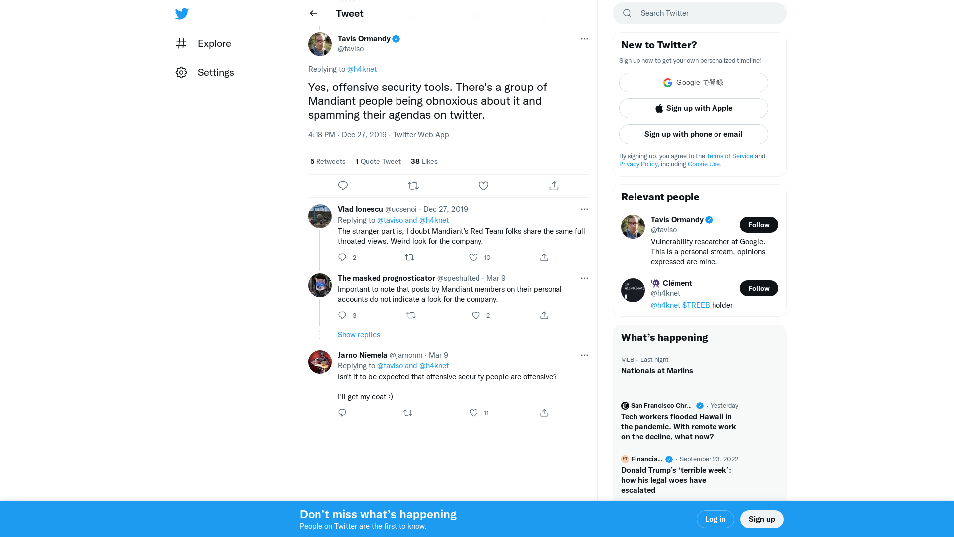 Tavis Ormandy on Twitter: "@h4knet Yes, offensive security tools. There's a group of Mandiant people being obnoxious about it and spamming their agendas on twitter." / Twitter