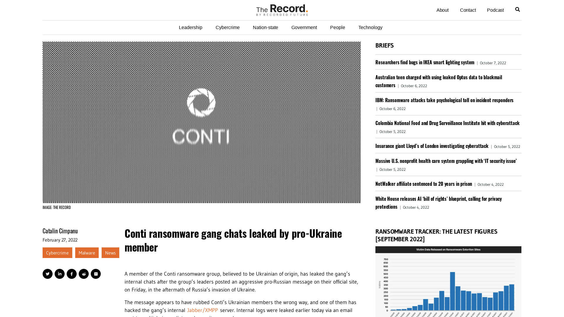 Conti ransomware gang chats leaked by pro-Ukraine member - The Record by Recorded Future
