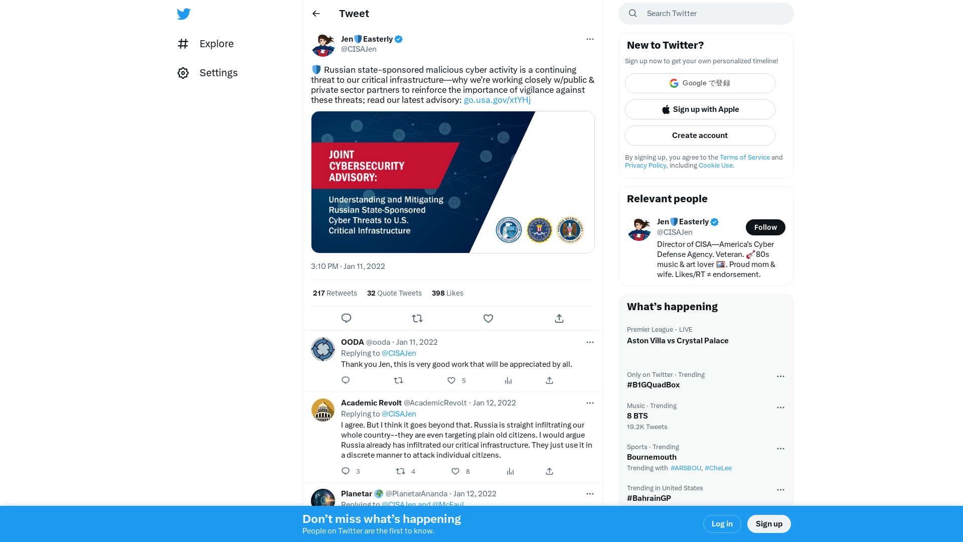 Jen🛡Easterly on Twitter: "🛡️ Russian state-sponsored malicious cyber activity is a continuing threat to our critical infrastructure—why we’re working closely w/public &amp; private sector partners to reinforce the importance of vigilance against these threats; read our latest advisory: https://t.co/d0NRcKyDF4 https://t.co/gR86Ti3DcR" / Twitter