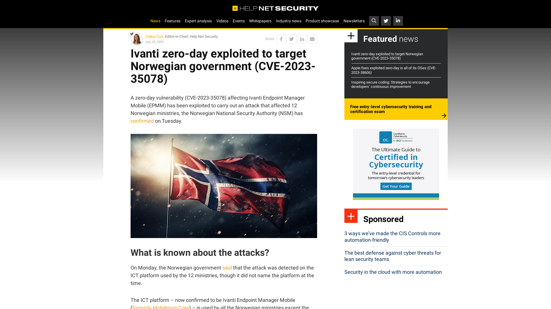 Ivanti zero-day exploited to target Norwegian government (CVE-2023-35078) - Help Net Security