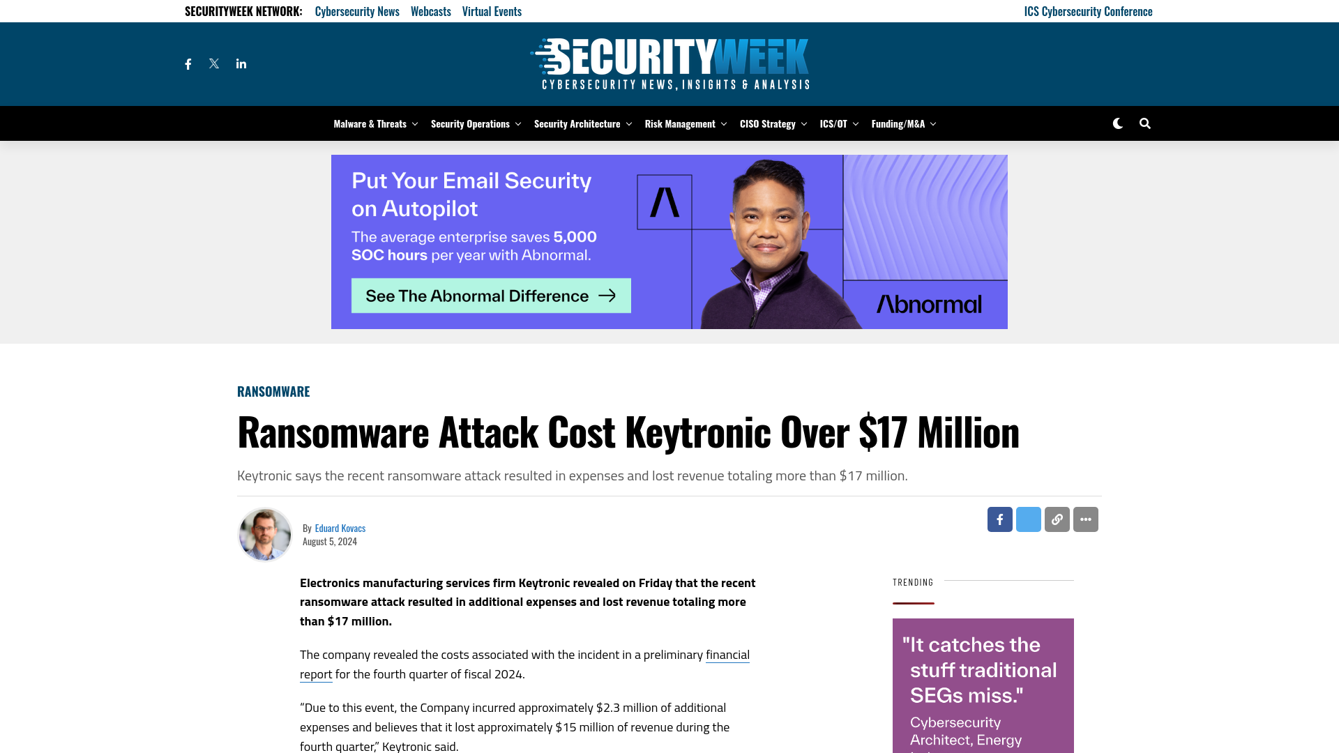 Ransomware Attack Cost Keytronic Over $17 Million - SecurityWeek