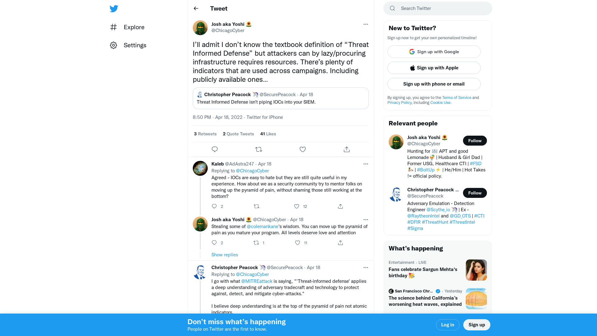 Josh aka Yoshi 🌻 on Twitter: "I’ll admit I don’t know the textbook definition of “Threat Informed Defense” but attackers can by lazy/procuring infrastructure requires resources. There’s plenty of indicators that are used across campaigns. Including publicly available ones…" / Twitter