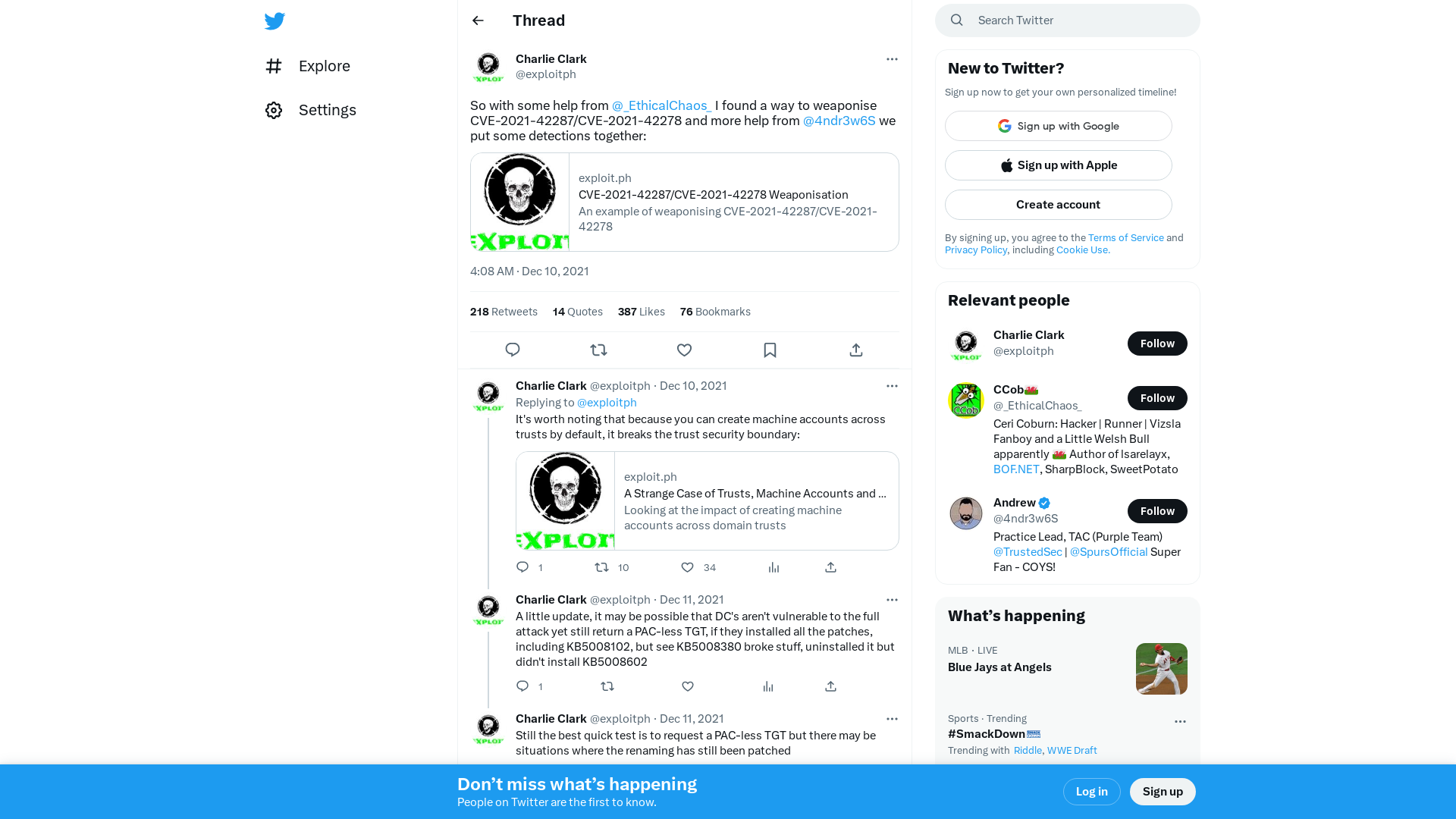 Charlie Clark on Twitter: "So with some help from @_EthicalChaos_ I found a way to weaponise CVE-2021-42287/CVE-2021-42278 and more help from @4ndr3w6S we put some detections together: https://t.co/FwQuI2DiPQ" / Twitter