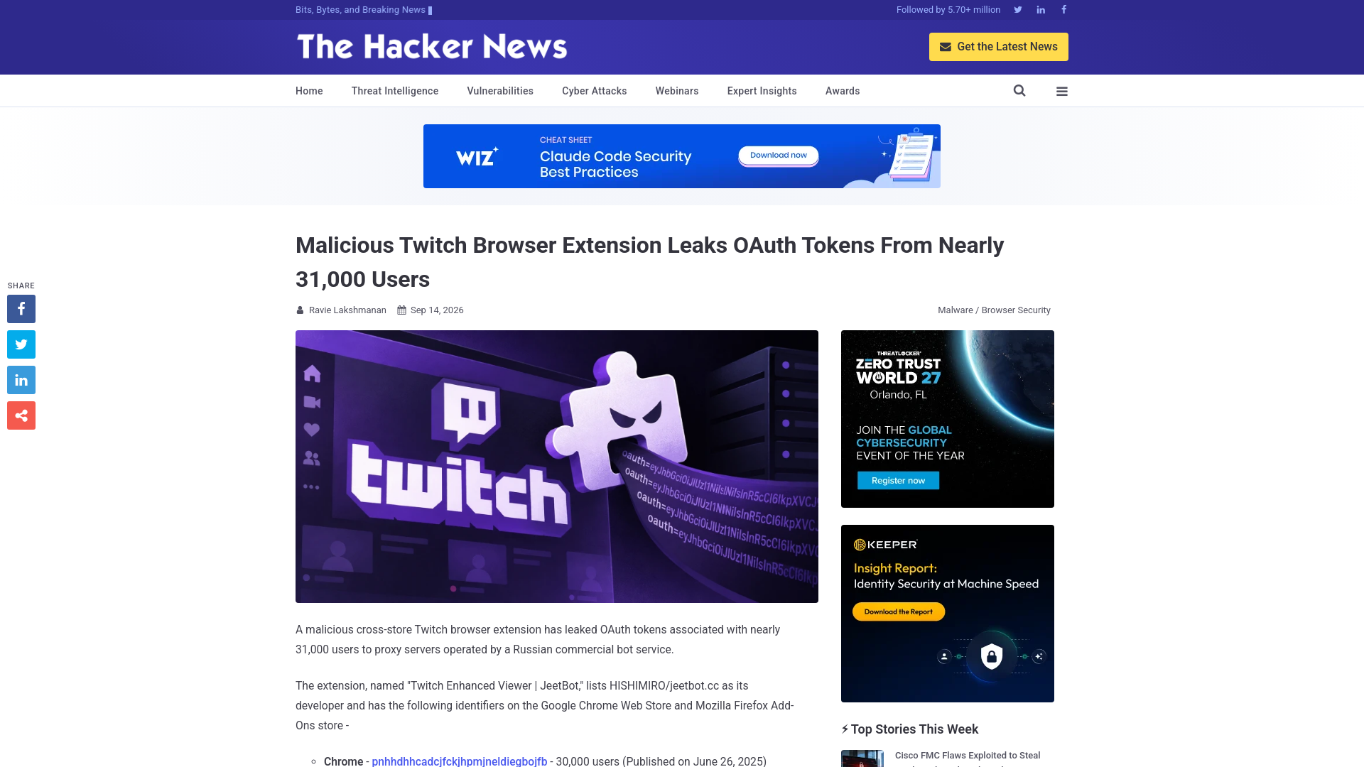 Malicious Twitch Browser Extension Leaks OAuth Tokens From Nearly 31,000 Users