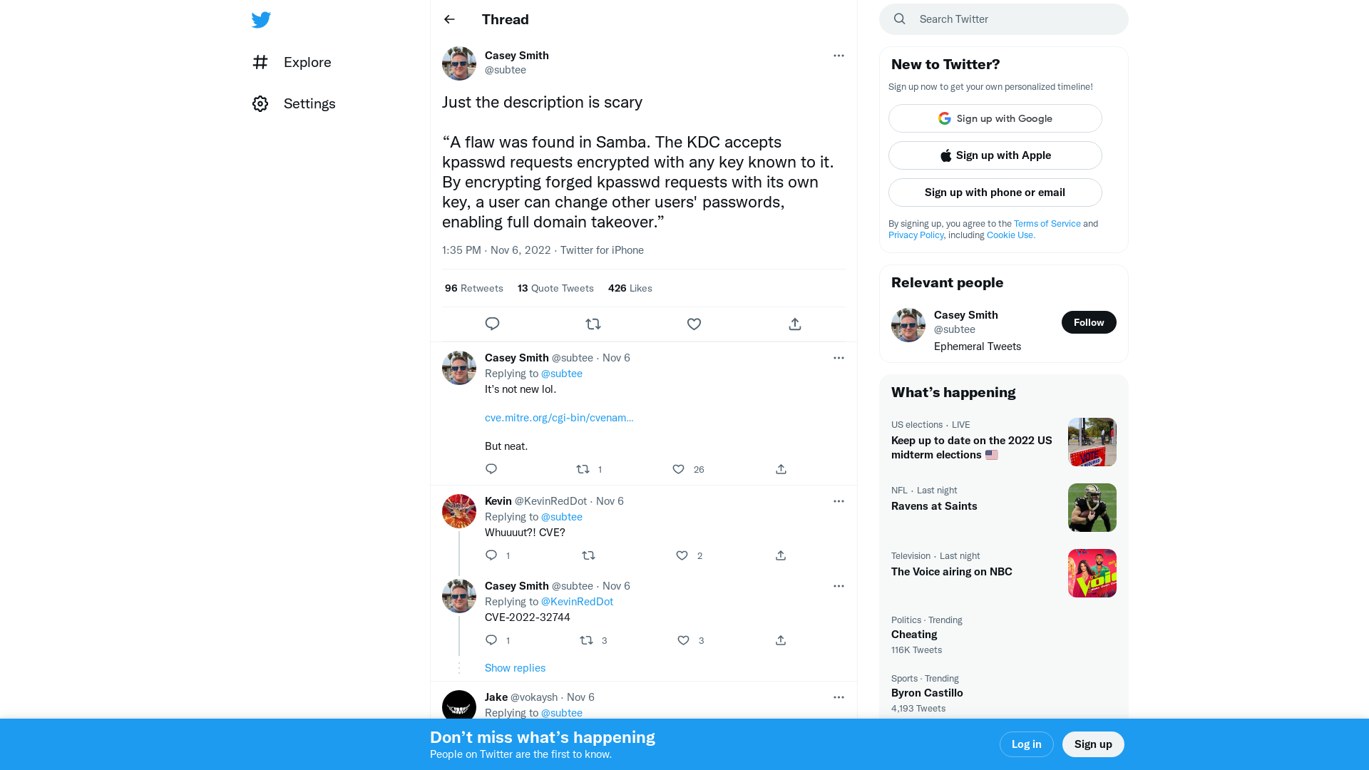 Casey Smith on Twitter: "Just the description is scary “A flaw was found in Samba. The KDC accepts kpasswd requests encrypted with any key known to it. By encrypting forged kpasswd requests with its own key, a user can change other users' passwords, enabling full domain takeover.”" / Twitter