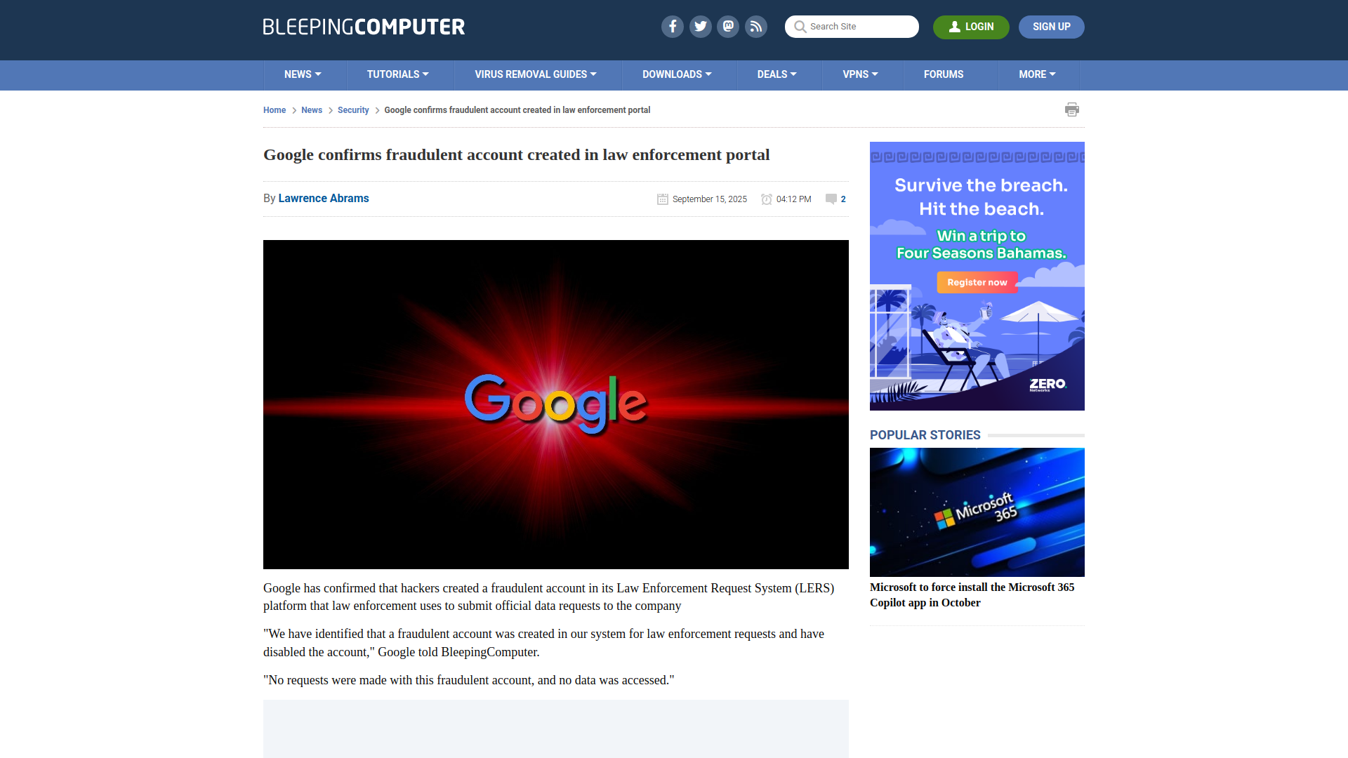 Google confirms fraudulent account created in law enforcement portal