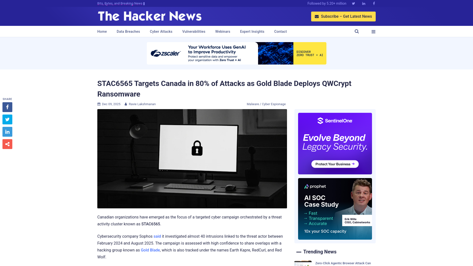 STAC6565 Targets Canada in 80% of Attacks as Gold Blade Deploys QWCrypt Ransomware
