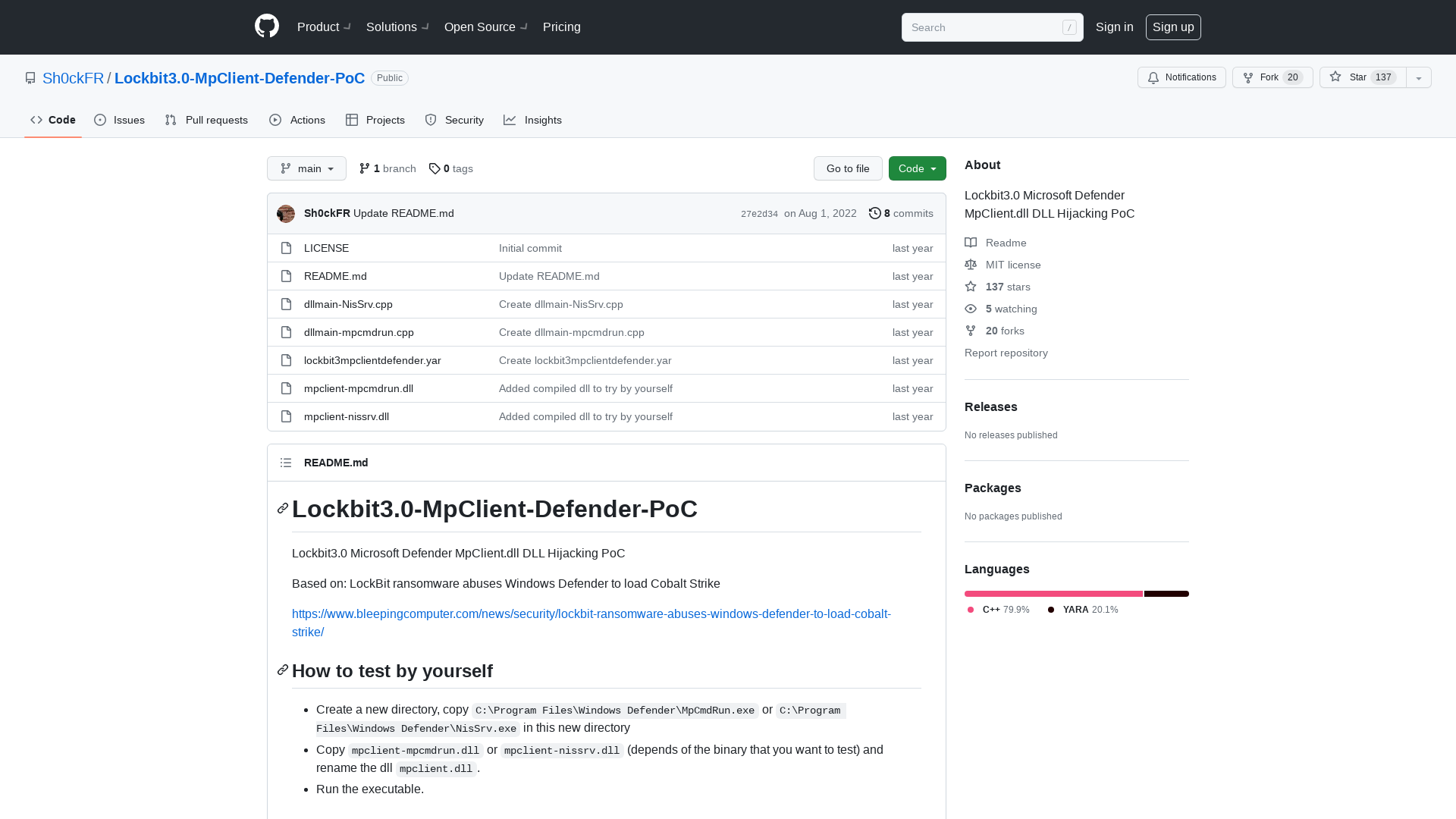 GitHub - Sh0ckFR/Lockbit3.0-MpClient-Defender-PoC: Lockbit3.0 Microsoft Defender MpClient.dll DLL Hijacking PoC