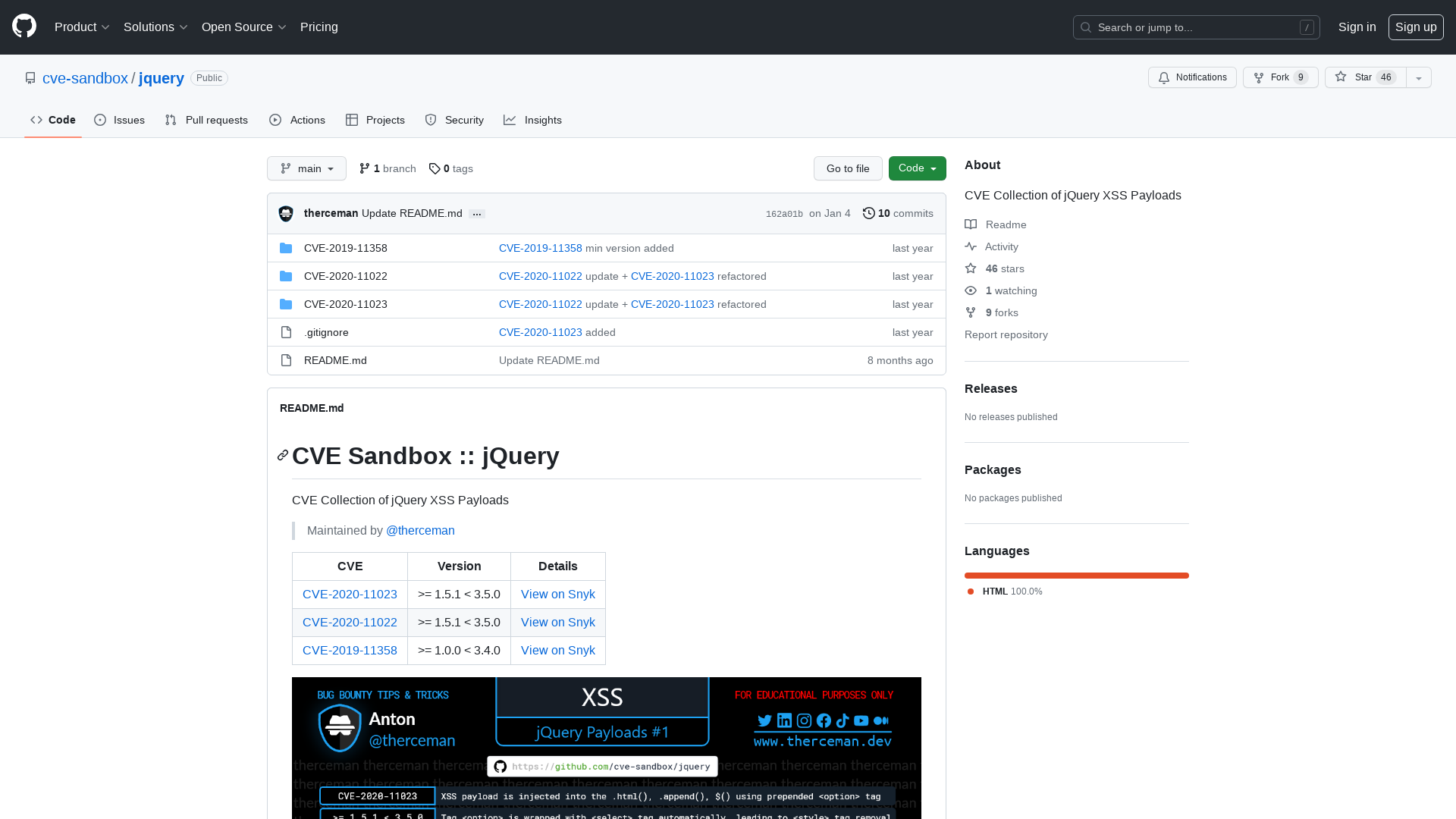 GitHub - cve-sandbox/jquery: CVE Collection of jQuery XSS Payloads