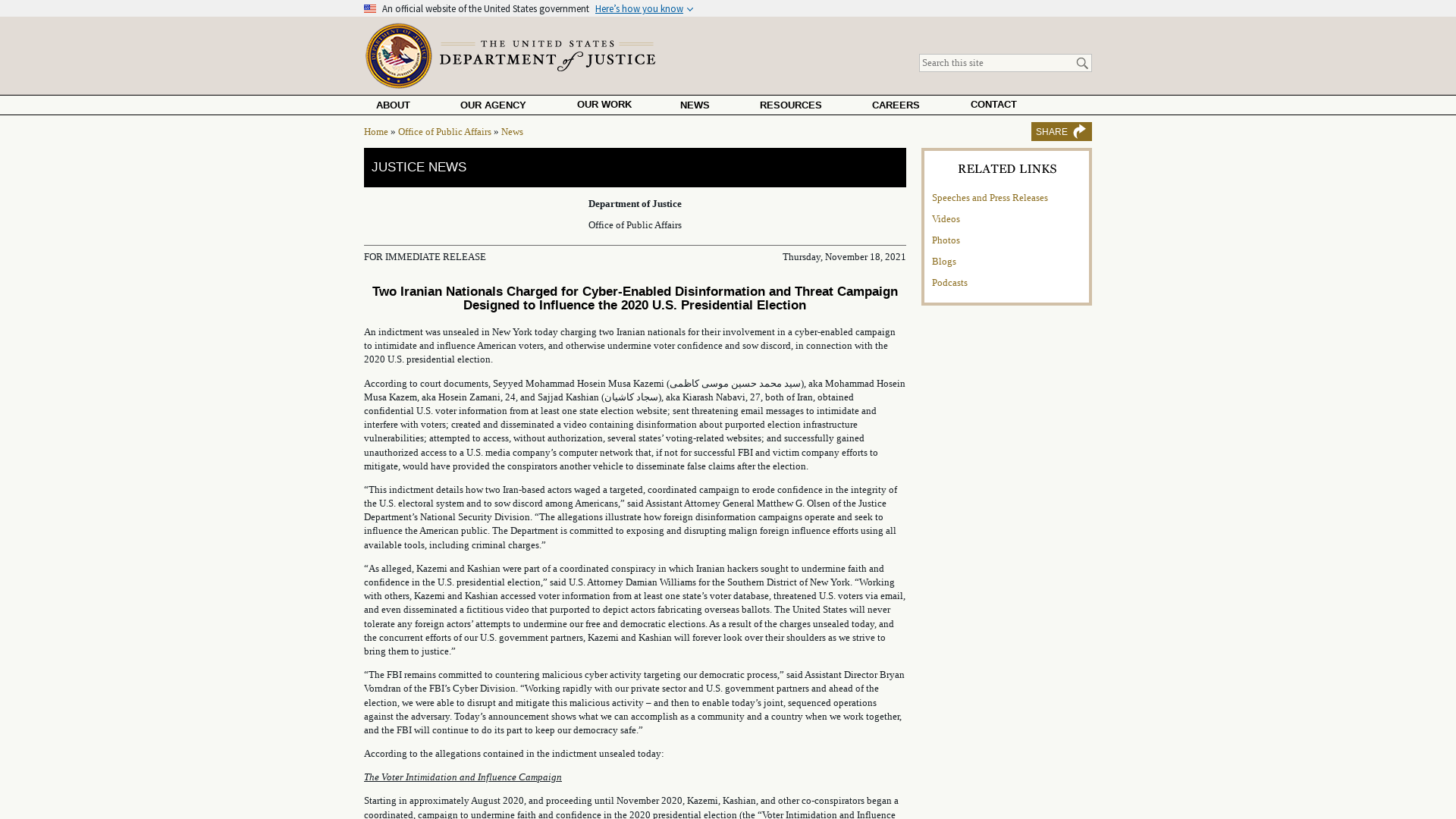 Two Iranian Nationals Charged for Cyber-Enabled Disinformation and Threat Campaign Designed to Influence the 2020 U.S. Presidential Election | OPA | Department of Justice