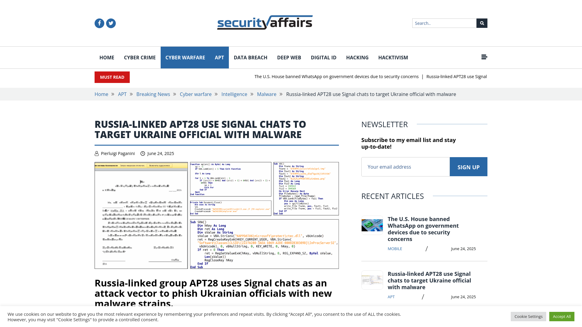 Russia-linked APT28 use Signal chats to target Ukraine official with malware
