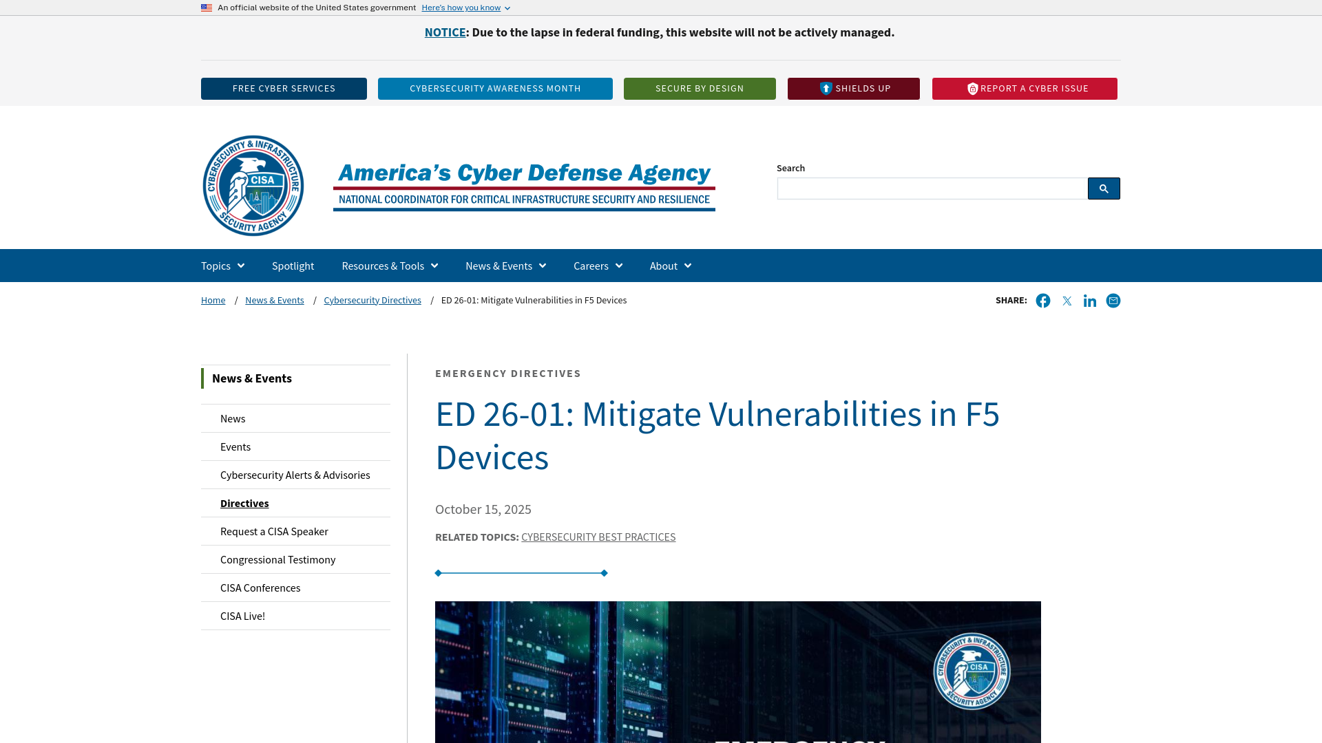 ED 26-01: Mitigate Vulnerabilities in F5 Devices | CISA