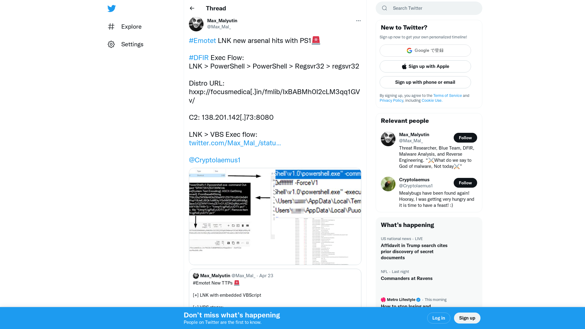 Max_Malyutin on Twitter: "#Emotet LNK new arsenal hits with PS1🚨 #DFIR Exec Flow: LNK > PowerShell > PowerShell > Regsvr32 > regsvr32 Distro URL: hxxp://focusmedica[.]in/fmlib/IxBABMh0I2cLM3qq1GVv/ C2: 138.201.142[.]73:8080 LNK > VBS Exec flow: https://t.co/sOjyqg3WB5 @Cryptolaemus1 https://t.co/a7fbtltYhK" / Twitter